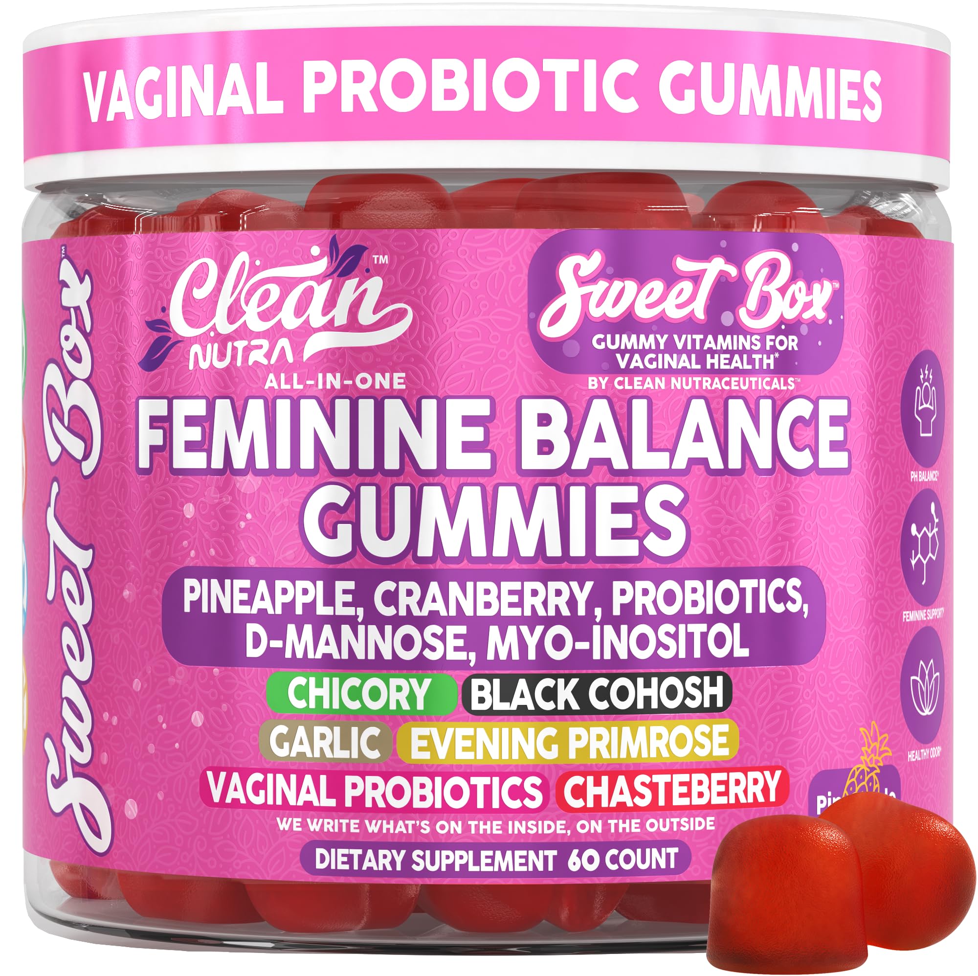 Clean Nutraceuticals gommes équilibre féminin-ananas, peut soutenir l'équilibre et l'énergie au quotidien.