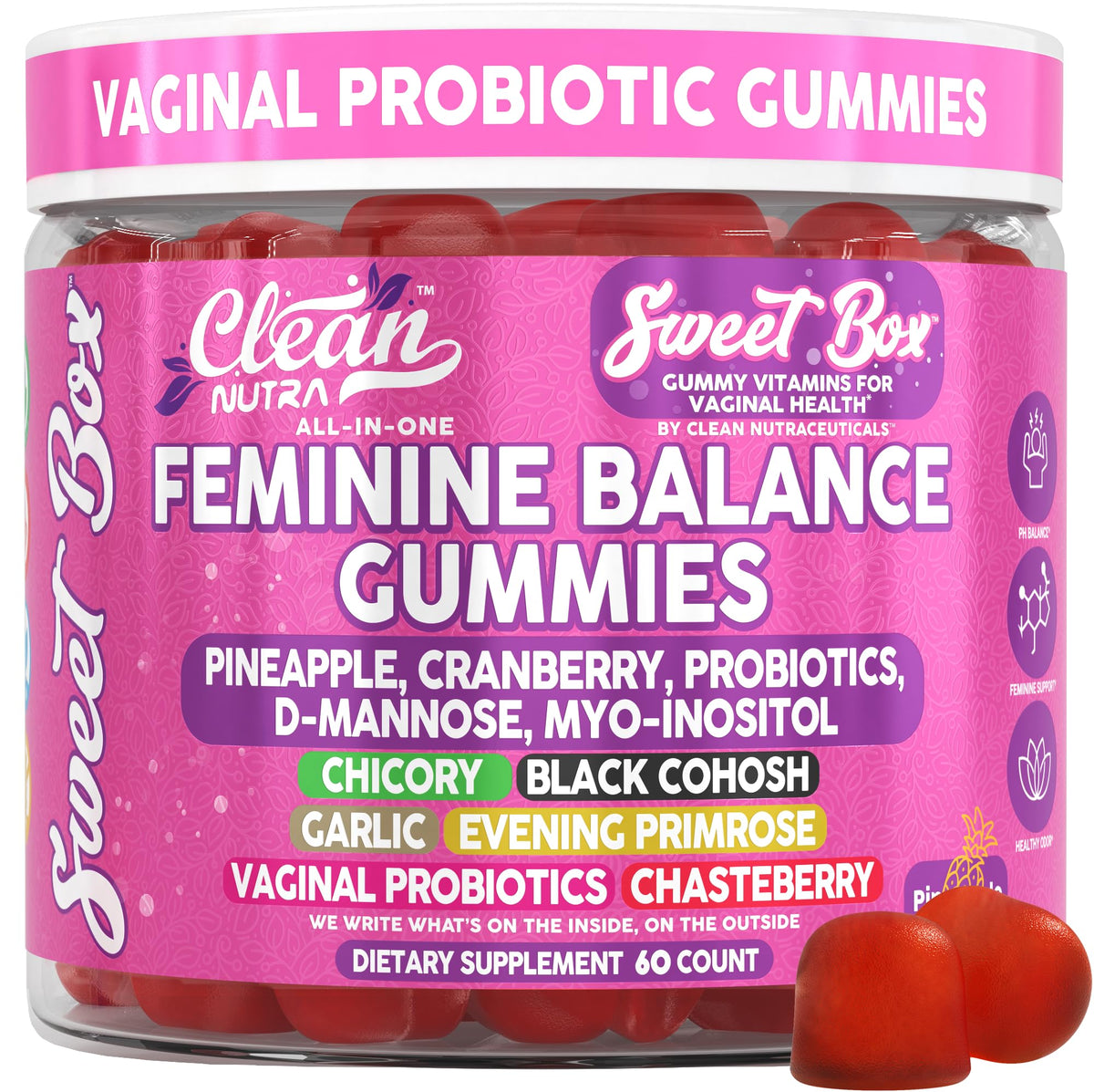 Clean Nutraceuticals gommes équilibre féminin-ananas, peut soutenir l'équilibre et l'énergie au quotidien.