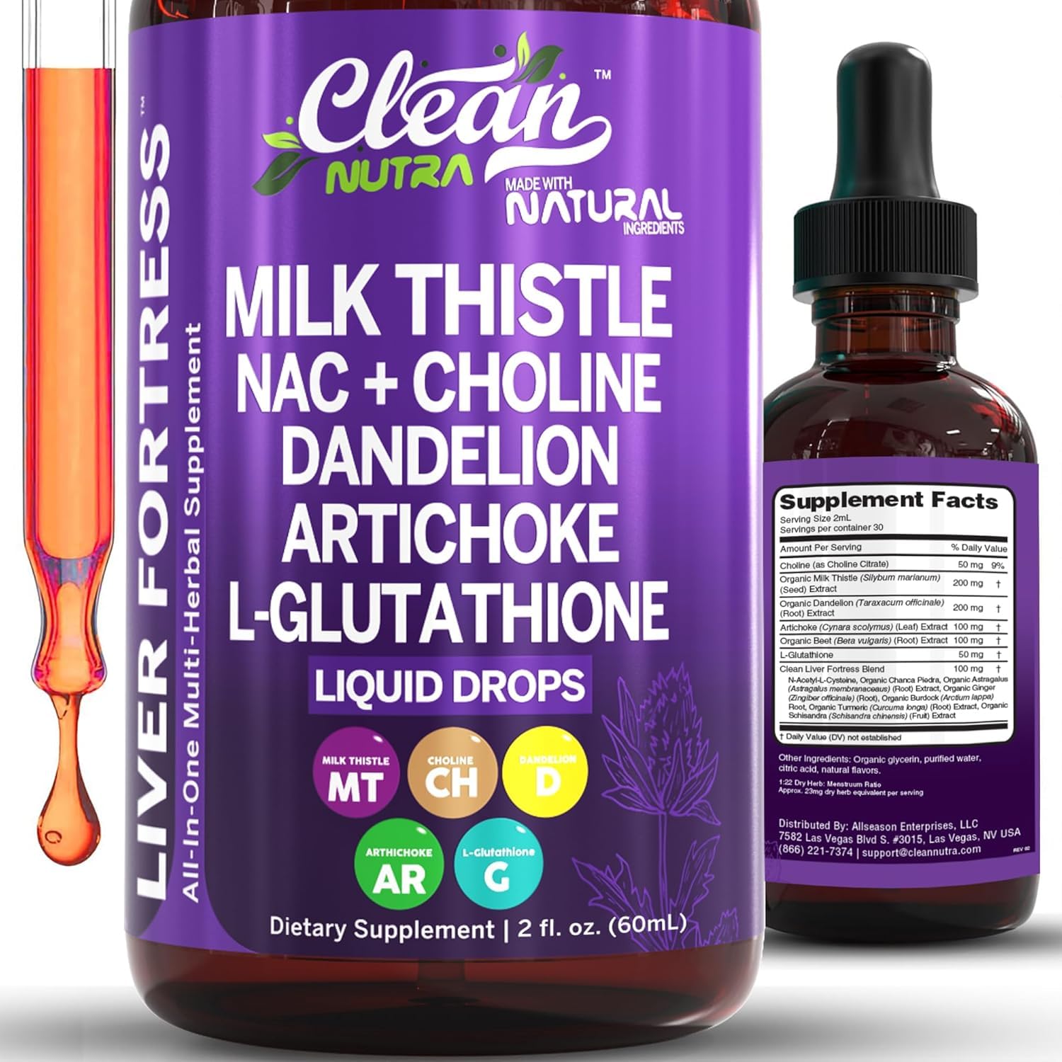 Gouttes Clean Nutraceuticals sur flacon, soutien potentiel du foie après repas chargé