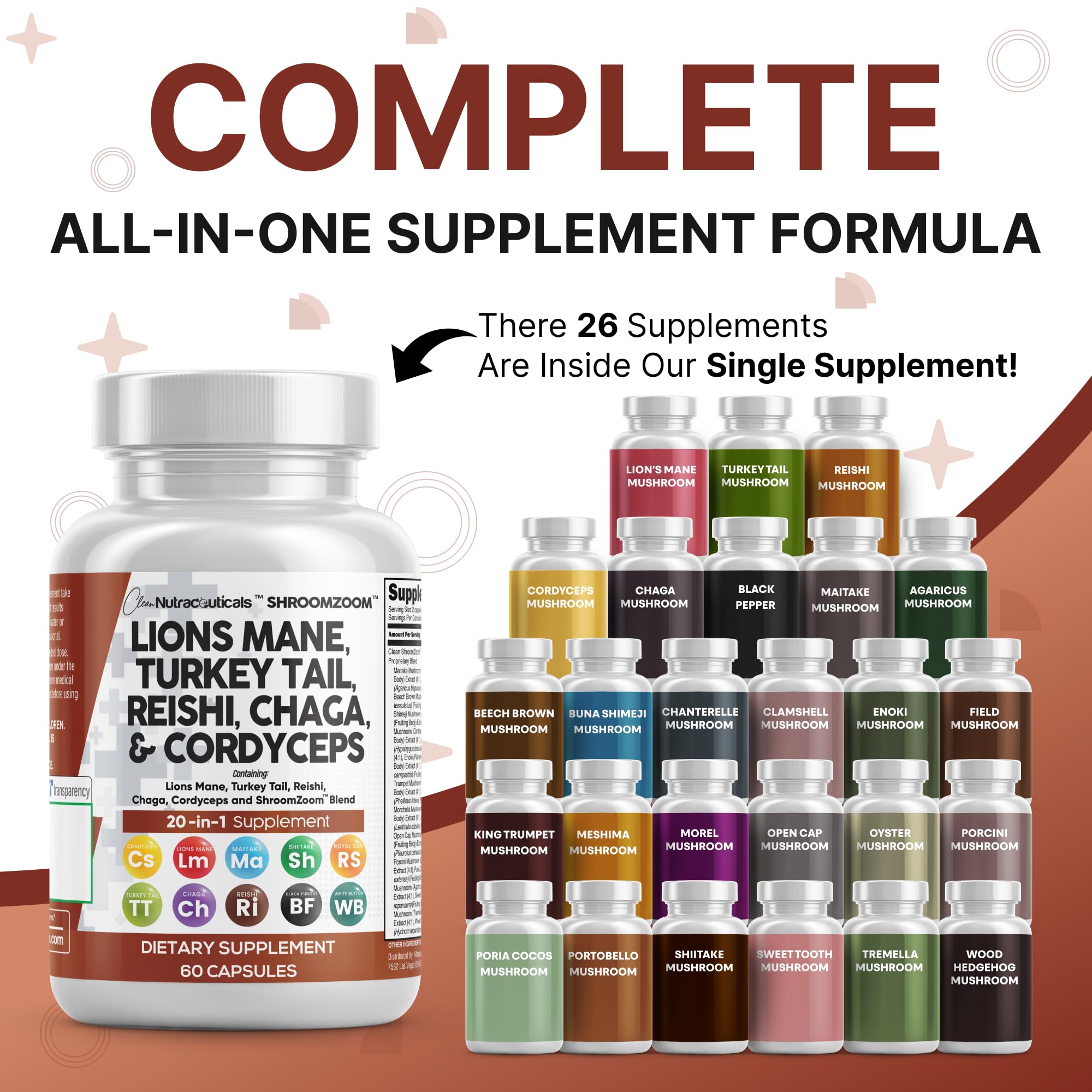Clean Nutraceuticals Lions Mane 20en1 – Capsules faciles à avaler, pratiques au quotidien.