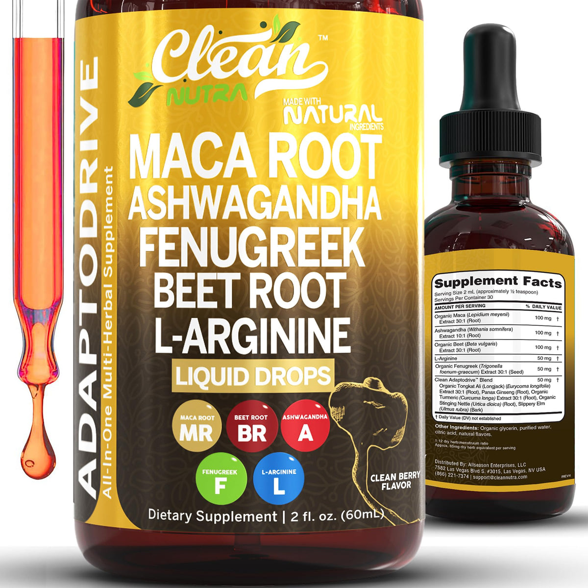 Clean Nutraceuticals – gouttes en bouteille de maca pour vitalité quotidienne.