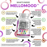 Mellomood Clean Nutraceuticals : étiquette safran, millepertuis et 5-HTP pour humeur et énergie.