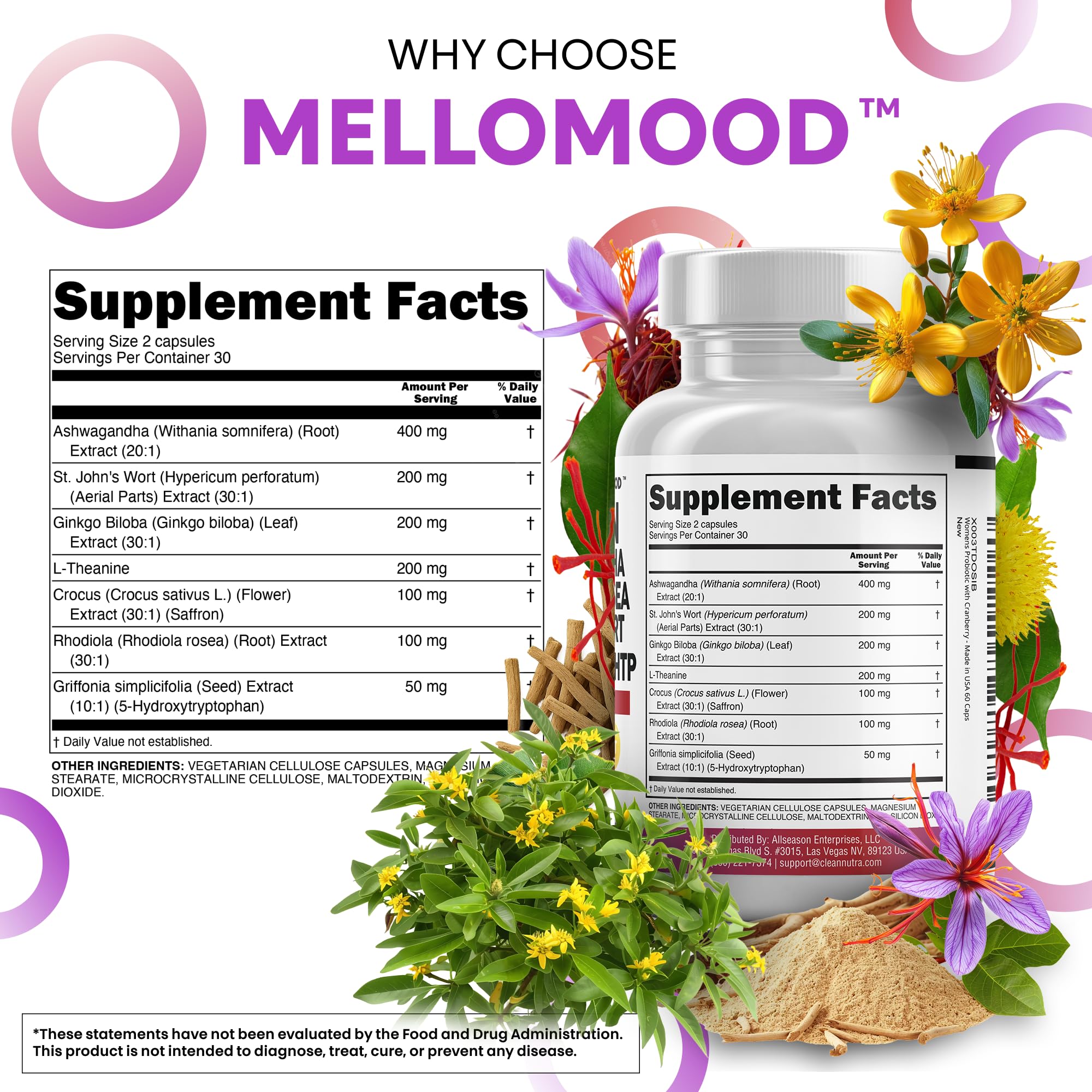 Mellomood Clean Nutraceuticals : ingrédients ashwagandha et rhodianda pour la gestion du stress.