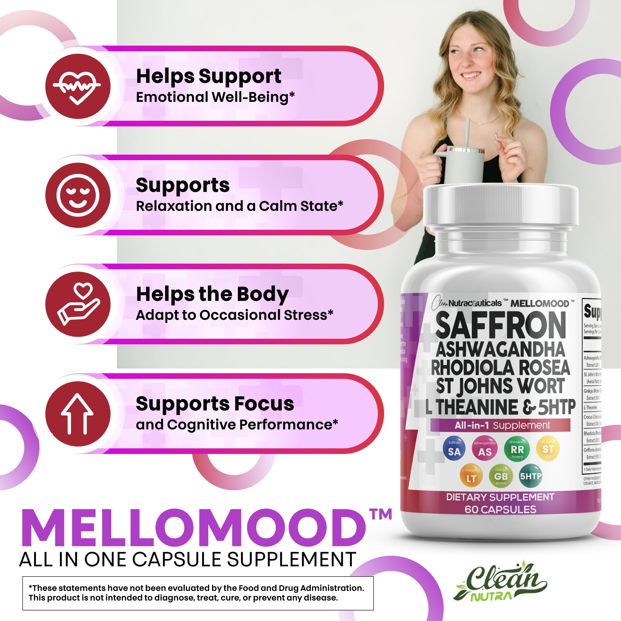 Mellomood Clean Nutraceuticals : L-Theanine et 5-HTP favorisant relaxation et sommeil.