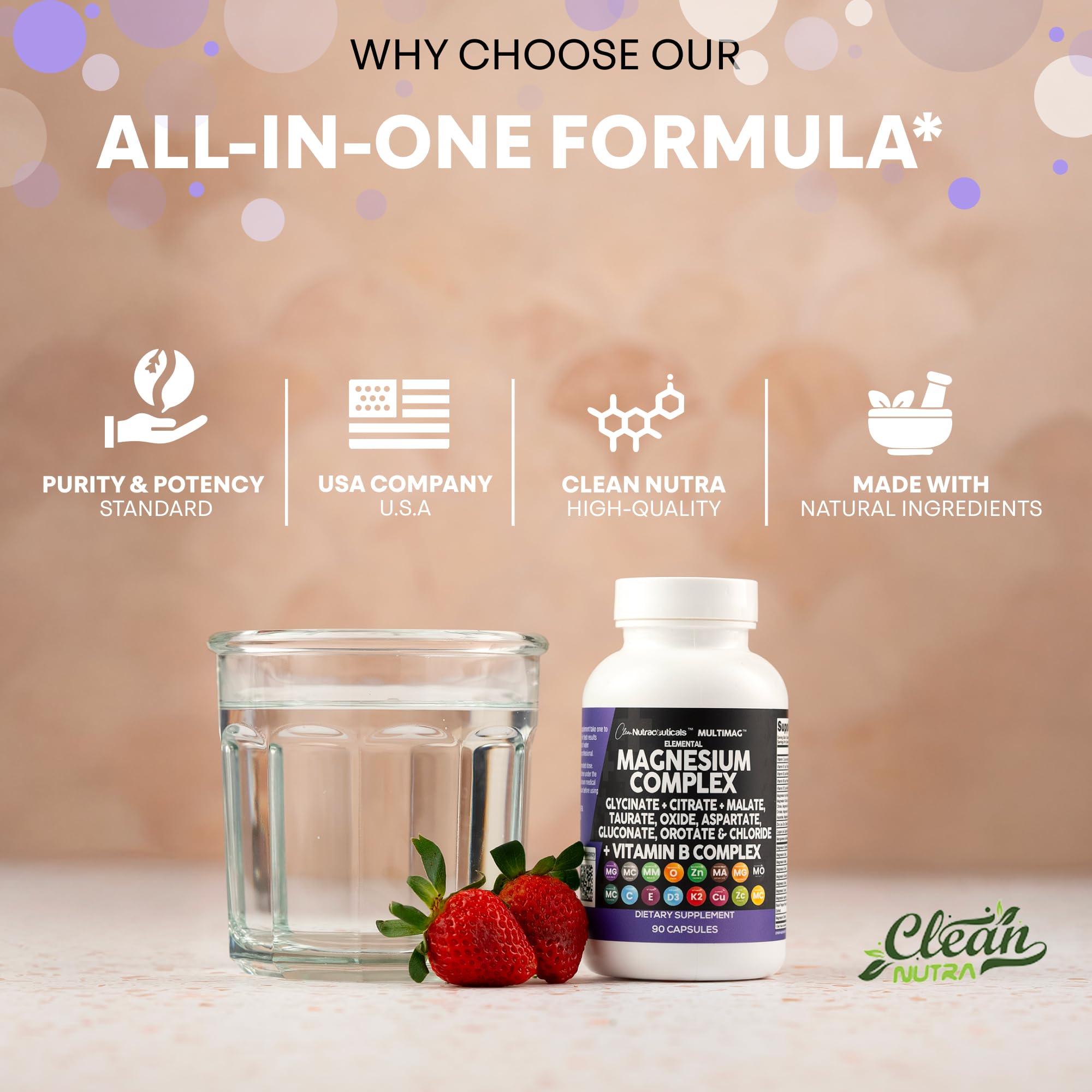 Clean Nutraceuticals MultiMagnesium – étiquetage clair et liste des vitamines B et C pour l'énergie.