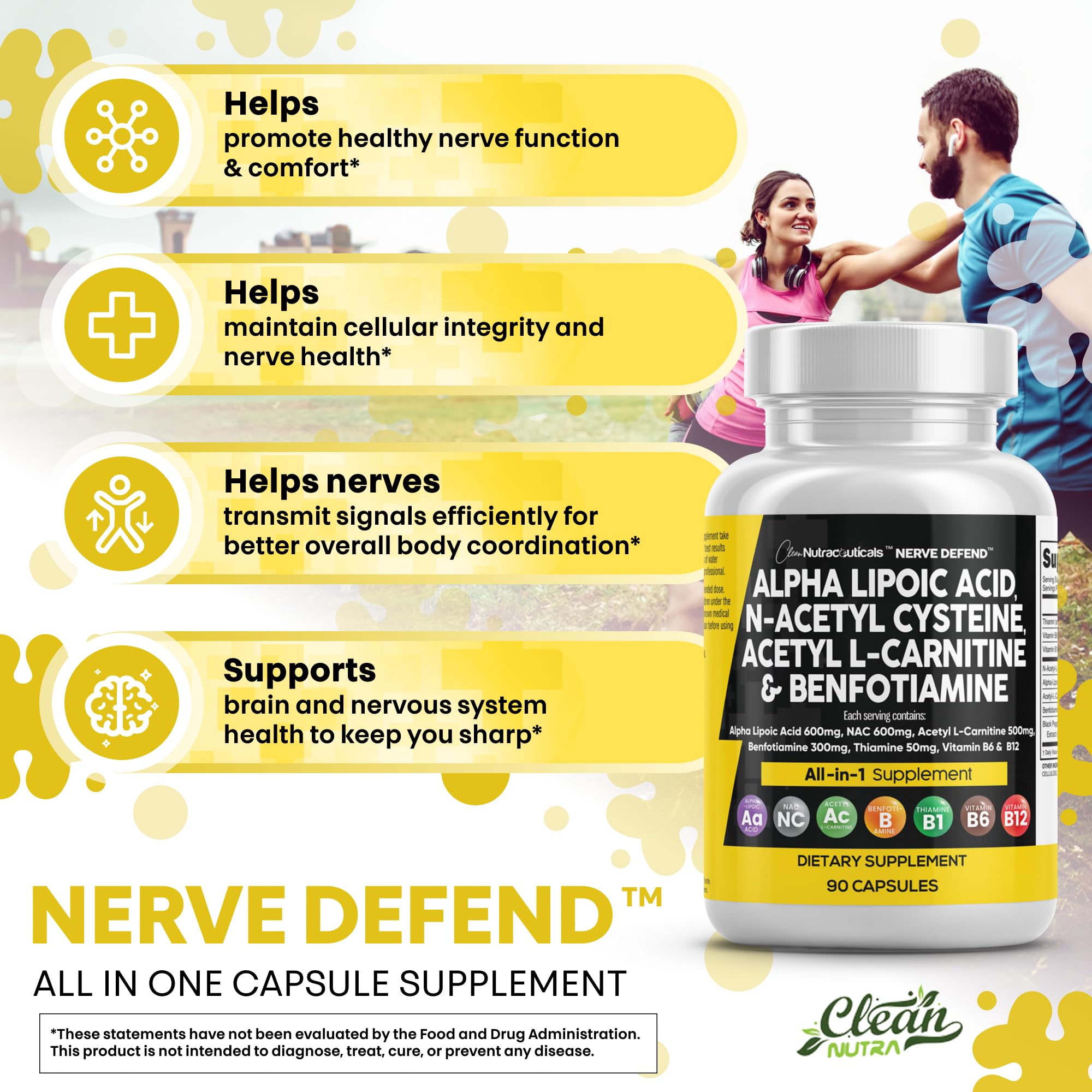 Clean Nutraceuticals Nerve Defend: étiquette lisible indiquant les vitamines B1, B6 et B12