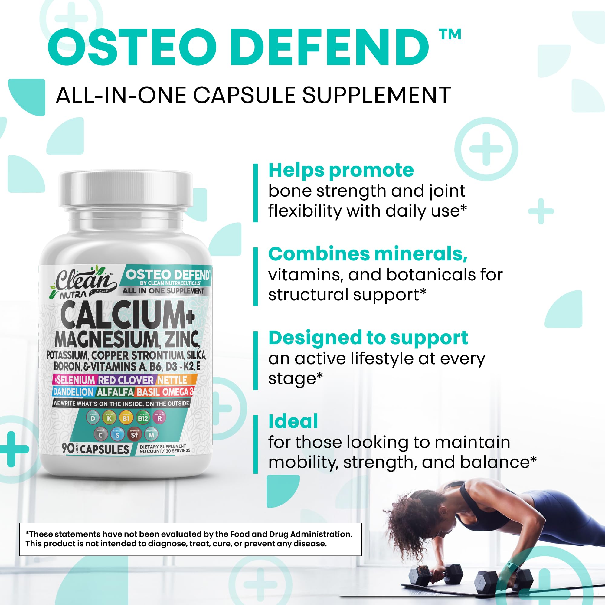 Note nutritionnelle affichée – minéraux et vitamines d'Osteo Defend.