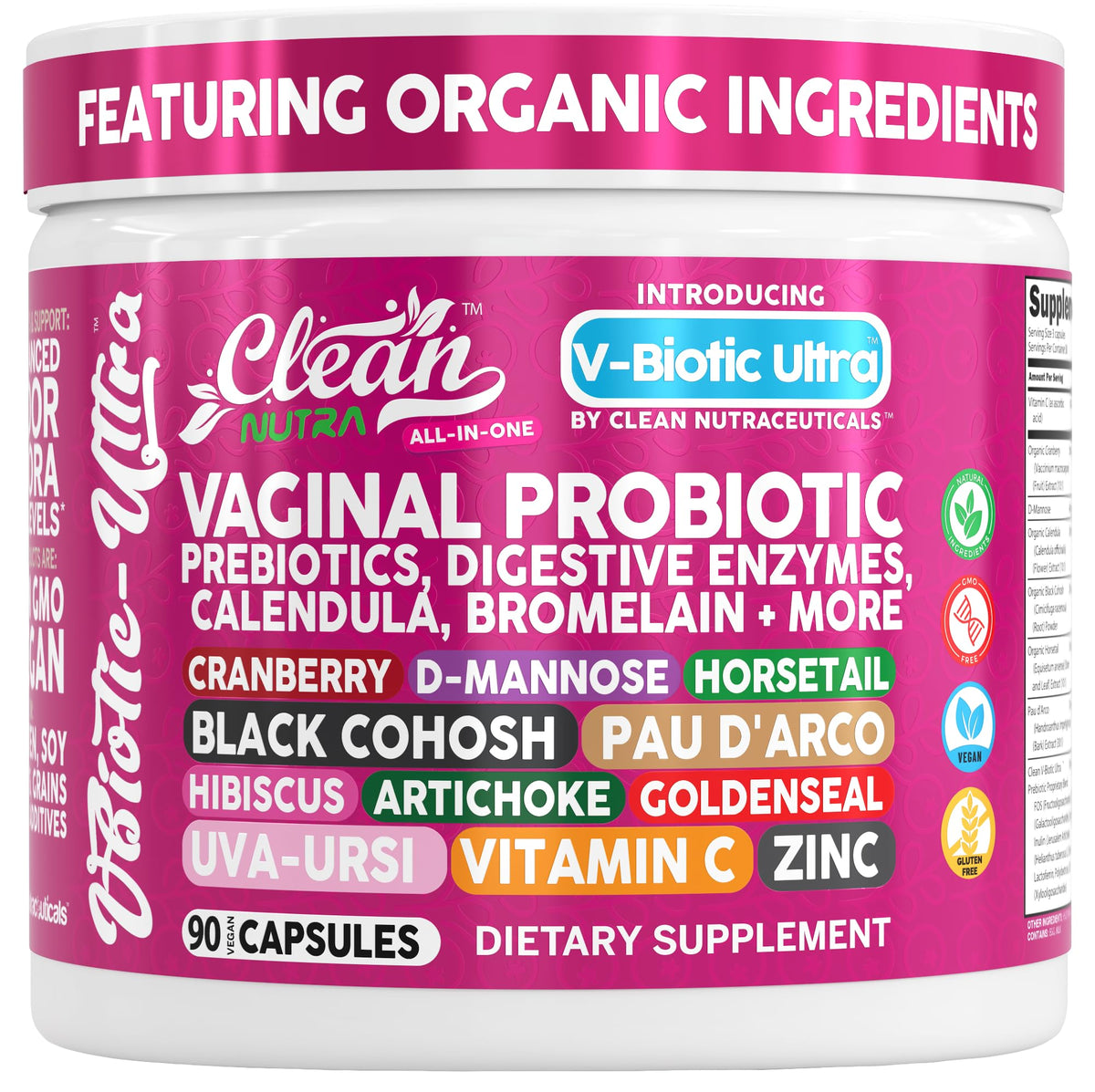 Probiotiques vaginaux Clean Nutraceuticals en capsules pour équilibre intime.