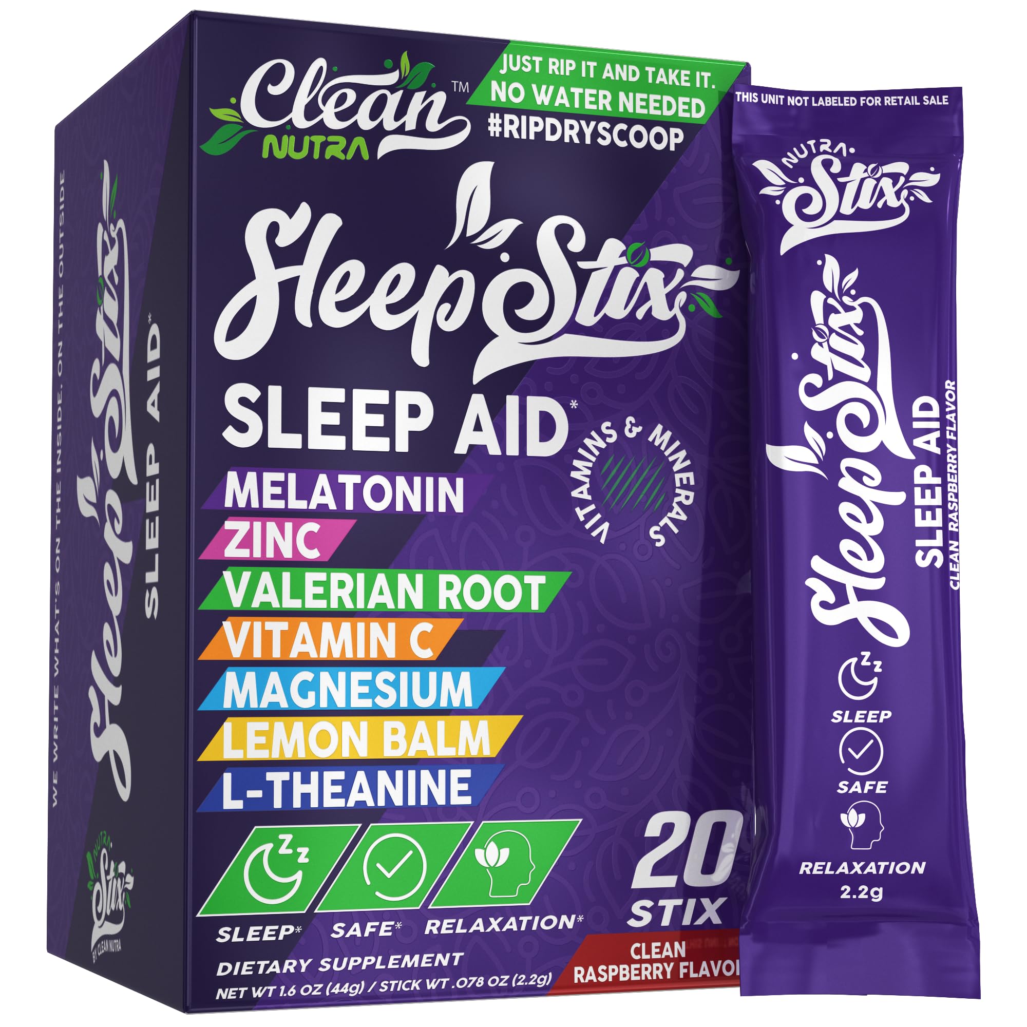 Emballage Sleep Stix Clean Nutraceuticals, pratique pour une routine nocturne portable.