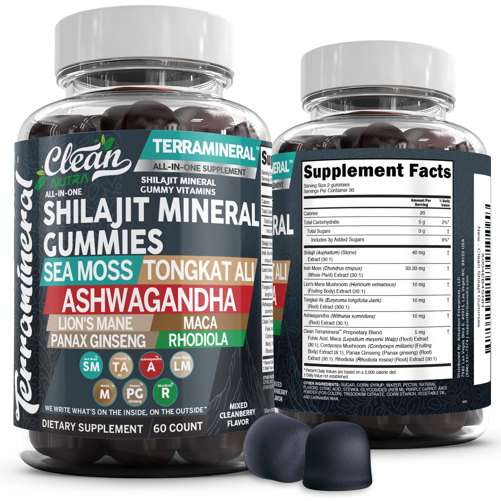 Terramineral shilajit gommes par Clean Nutraceuticals, texture gourmande et soutien potentiel à la vitalité.