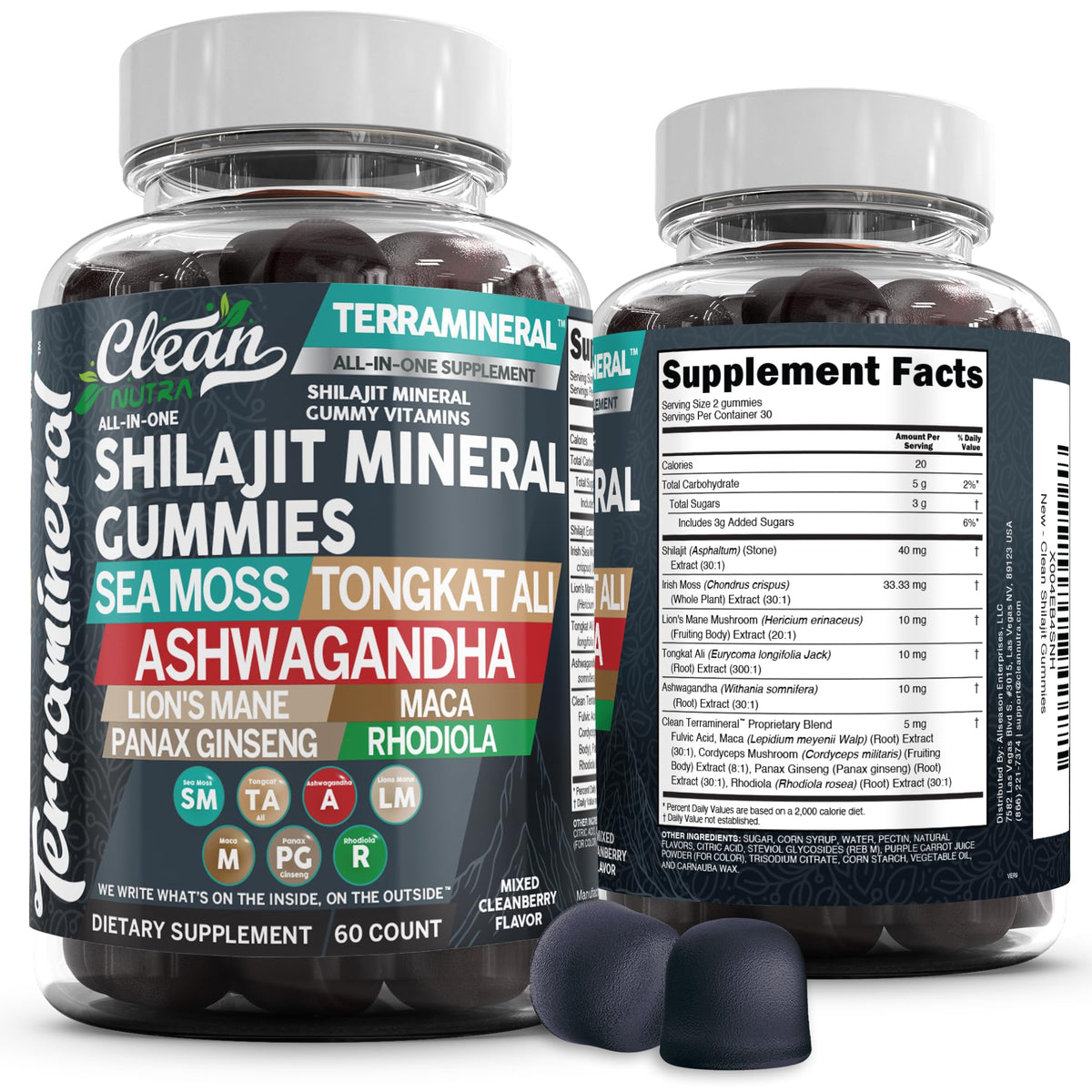 Terramineral shilajit gommes par Clean Nutraceuticals, texture gourmande et soutien potentiel à la vitalité.