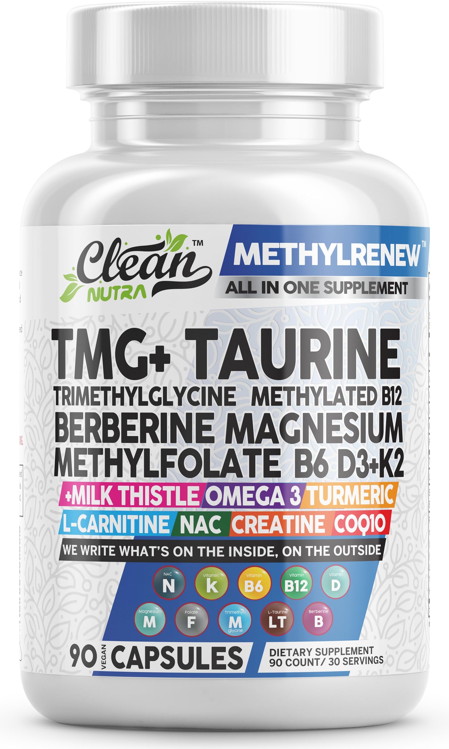 Clean Nutraceuticals TMG 1000 mg – bouteille front, potentiel soutien à l'énergie et à la vitalité