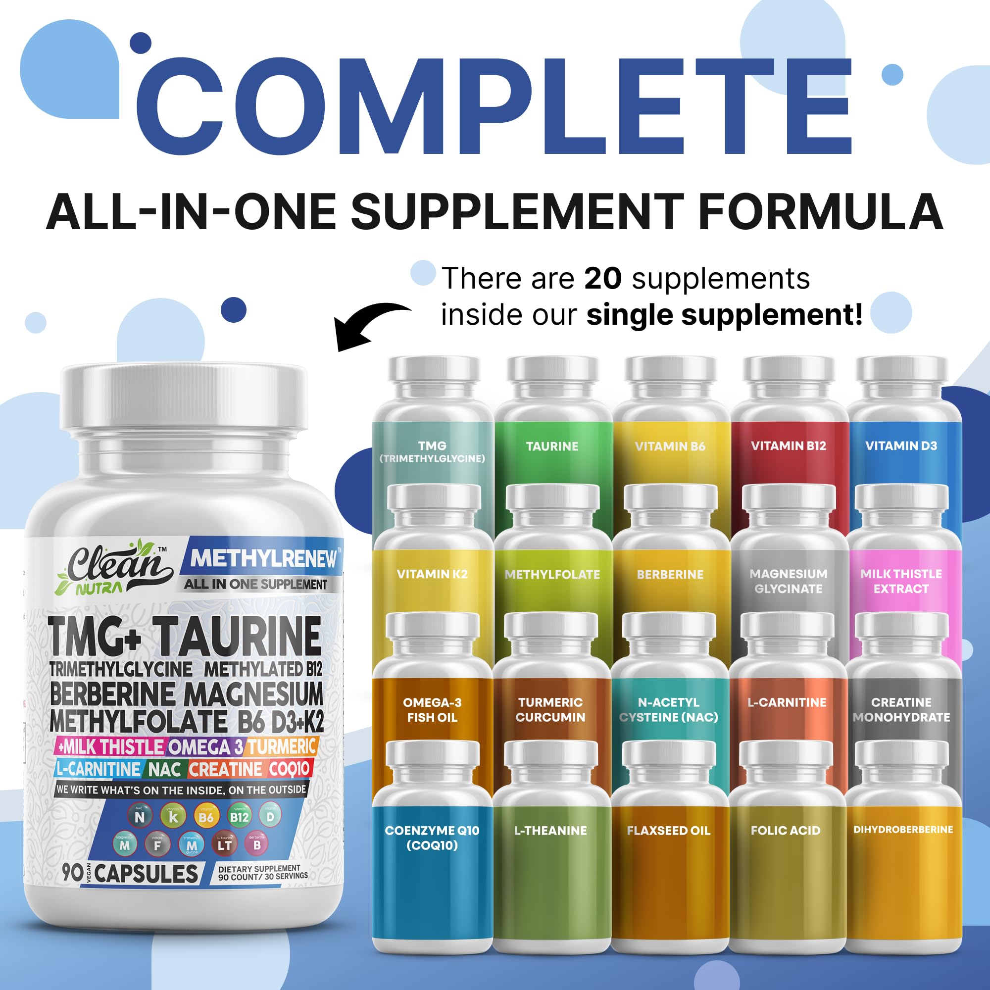 Clean Nutraceuticals TMG 1000 mg – bouteille ouverte, facilité d'utilisation quotidienne