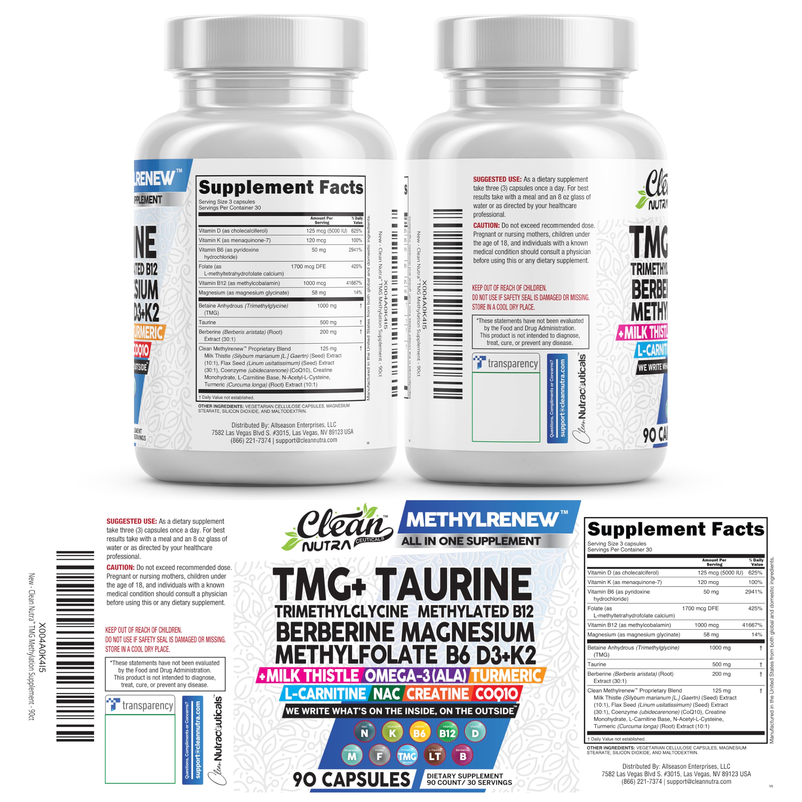 Clean Nutraceuticals TMG 1000 mg – packaging intérieur, guide d'utilisation