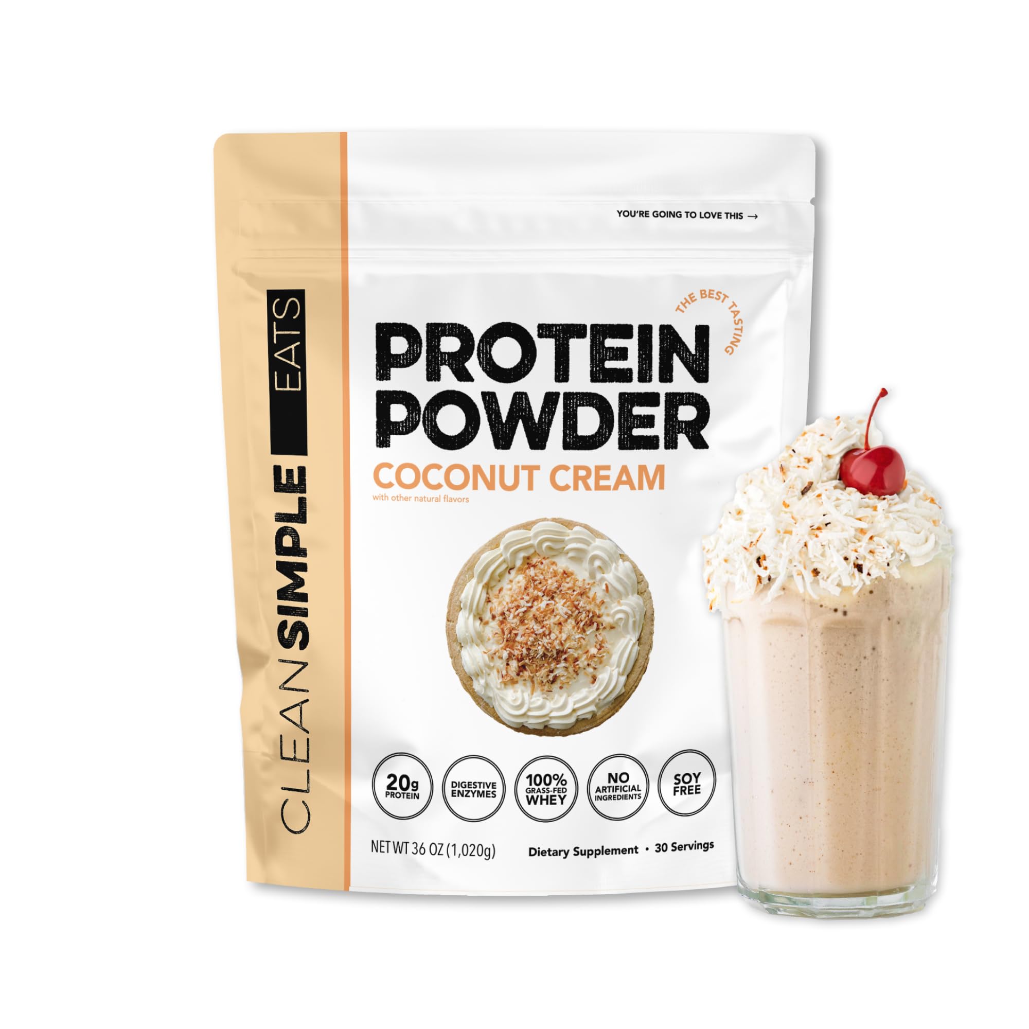 Clean Simple Eats coco creme: poudre whey crémeuse pour shakes post-entraînement.