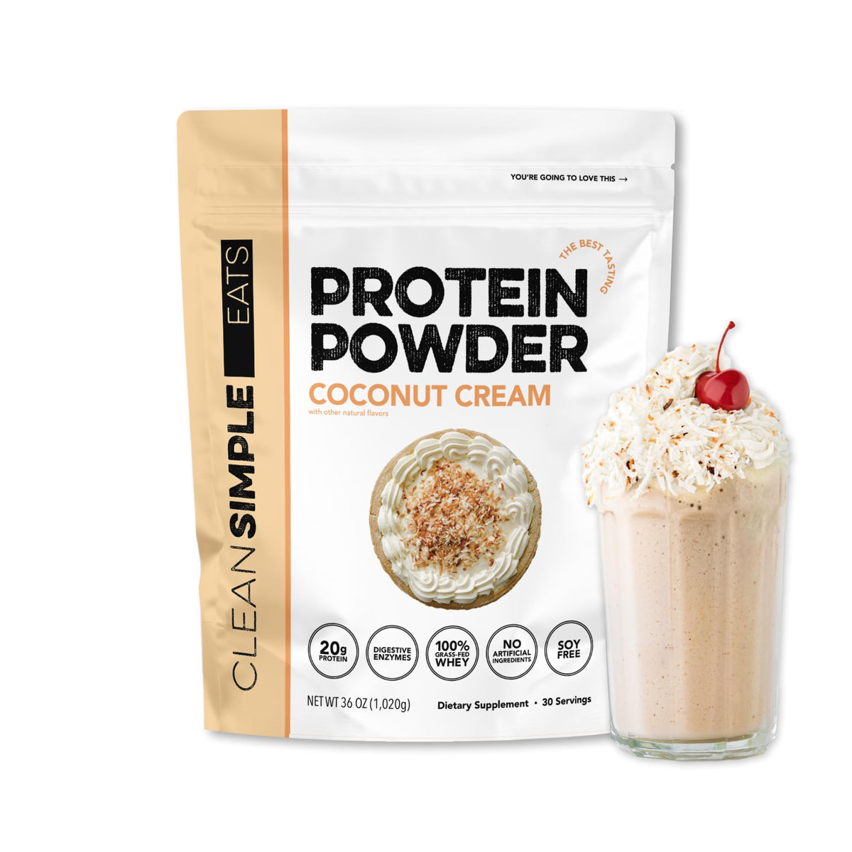 Clean Simple Eats coco creme: poudre whey crémeuse pour shakes post-entraînement.