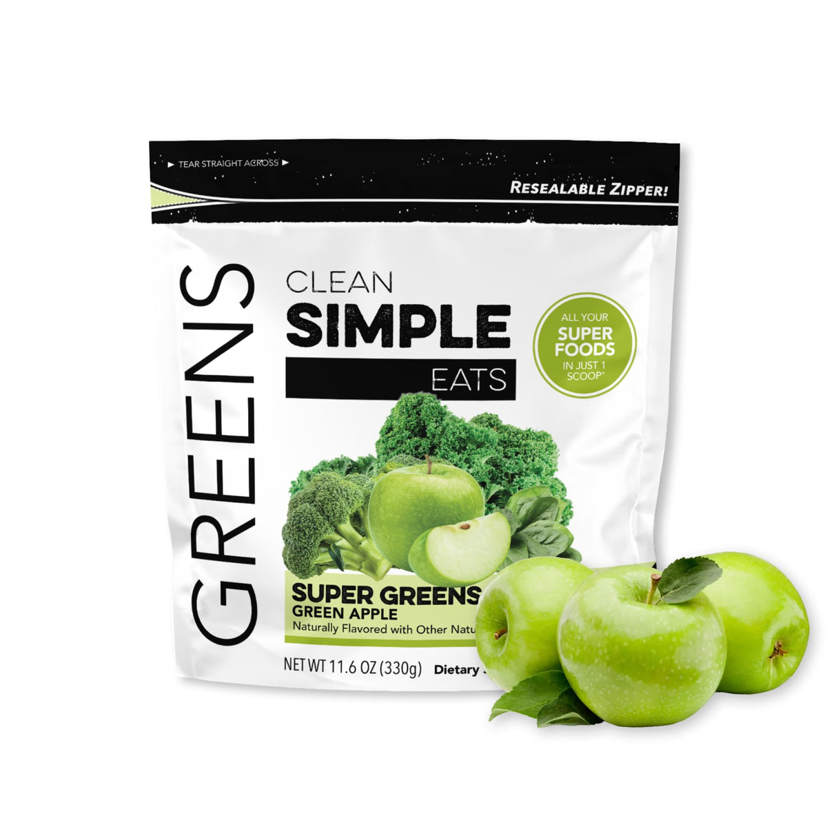 Clean Simple Eats Super Greens goût pomme verte, smoothie frais et nourrissant