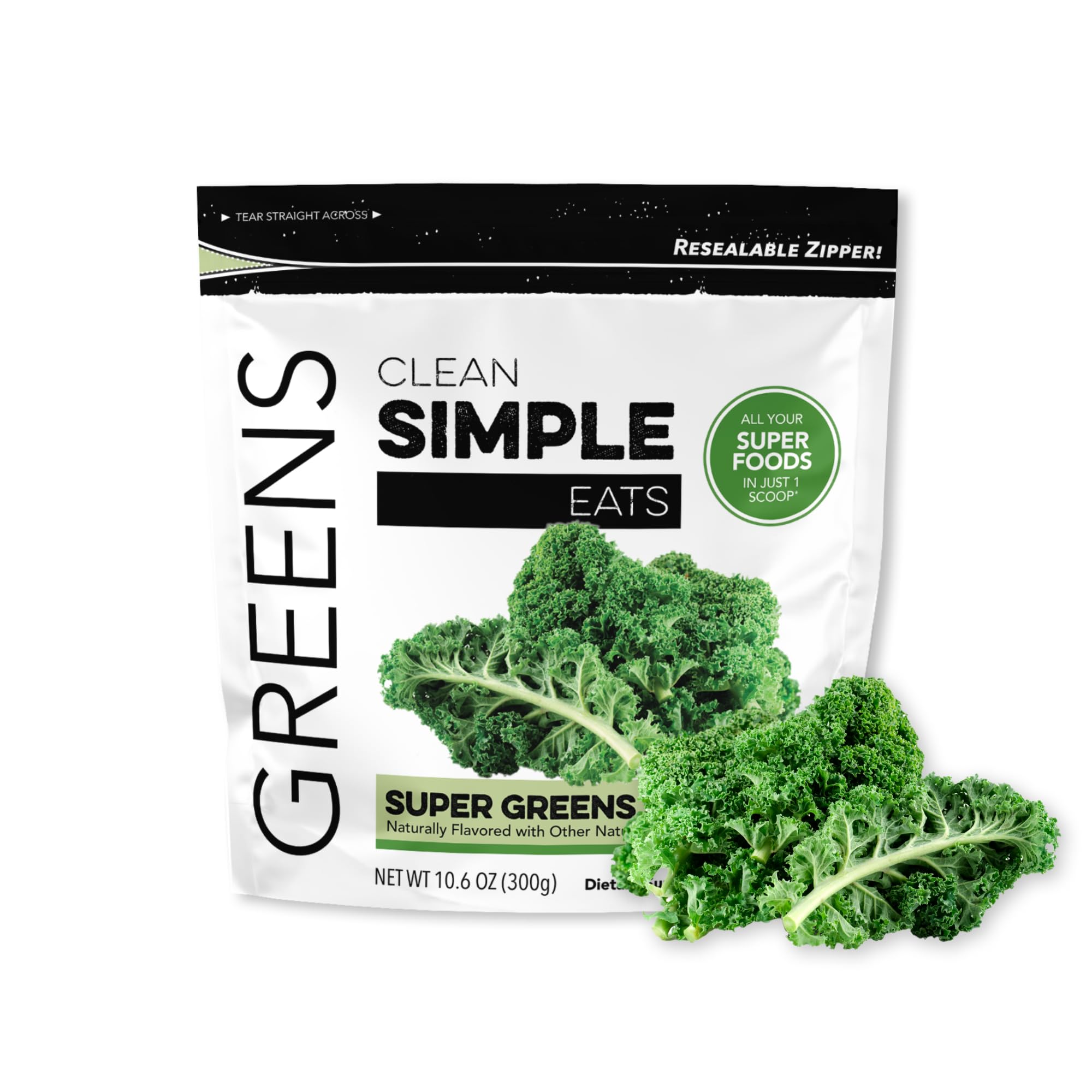 Clean Simple Eats Super Greens dans son pot, poudre pure pour une alimentation riche en nutriments.