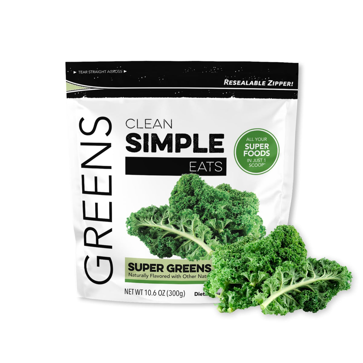 Clean Simple Eats Super Greens dans son pot, poudre pure pour une alimentation riche en nutriments.
