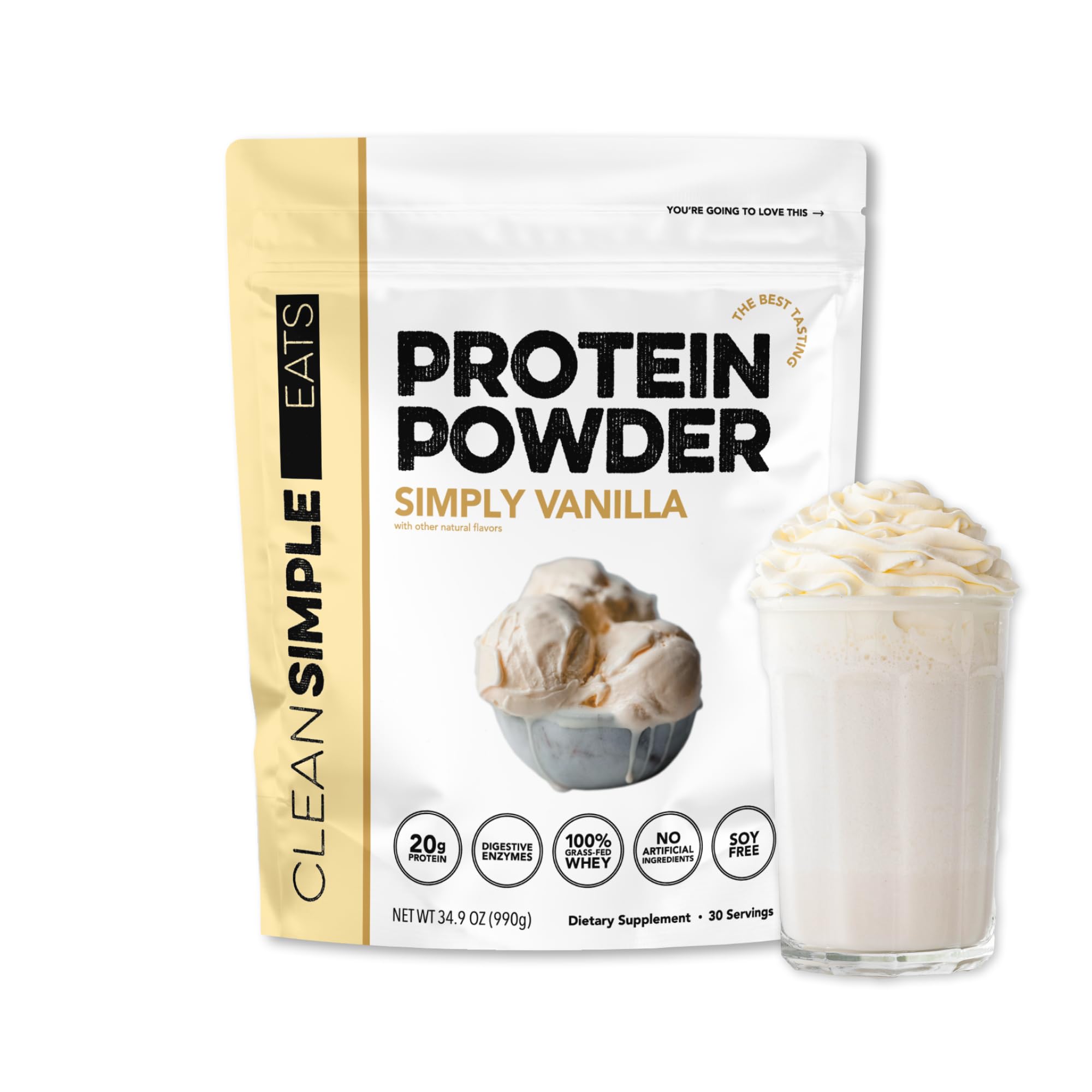 Clean Simple Eats Whey Protein Vanilla dans le pot, texture crémeuse idéale pour shakes.