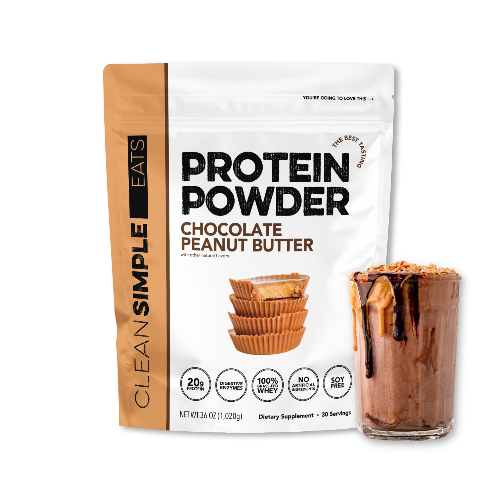 Clean Simple Eats Whey Protein Chocolat Beurre de cacahuète en bouteille pratique.