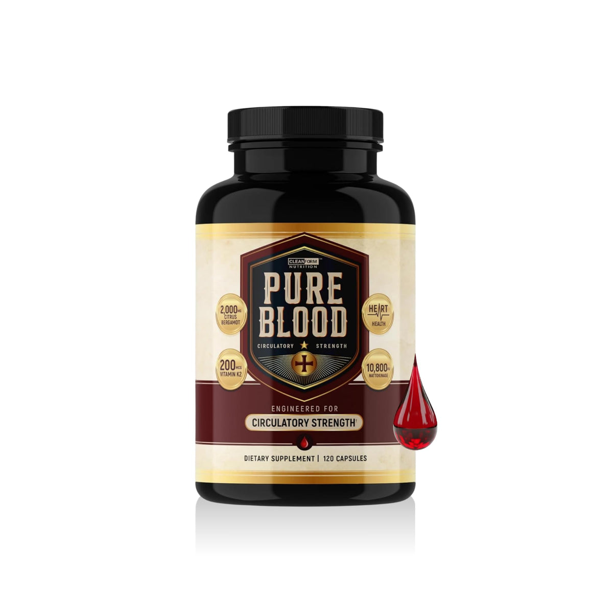 Pure Blood de CleanForm Nutrition – bouteille élégante, soutien potentiel à la circulation.