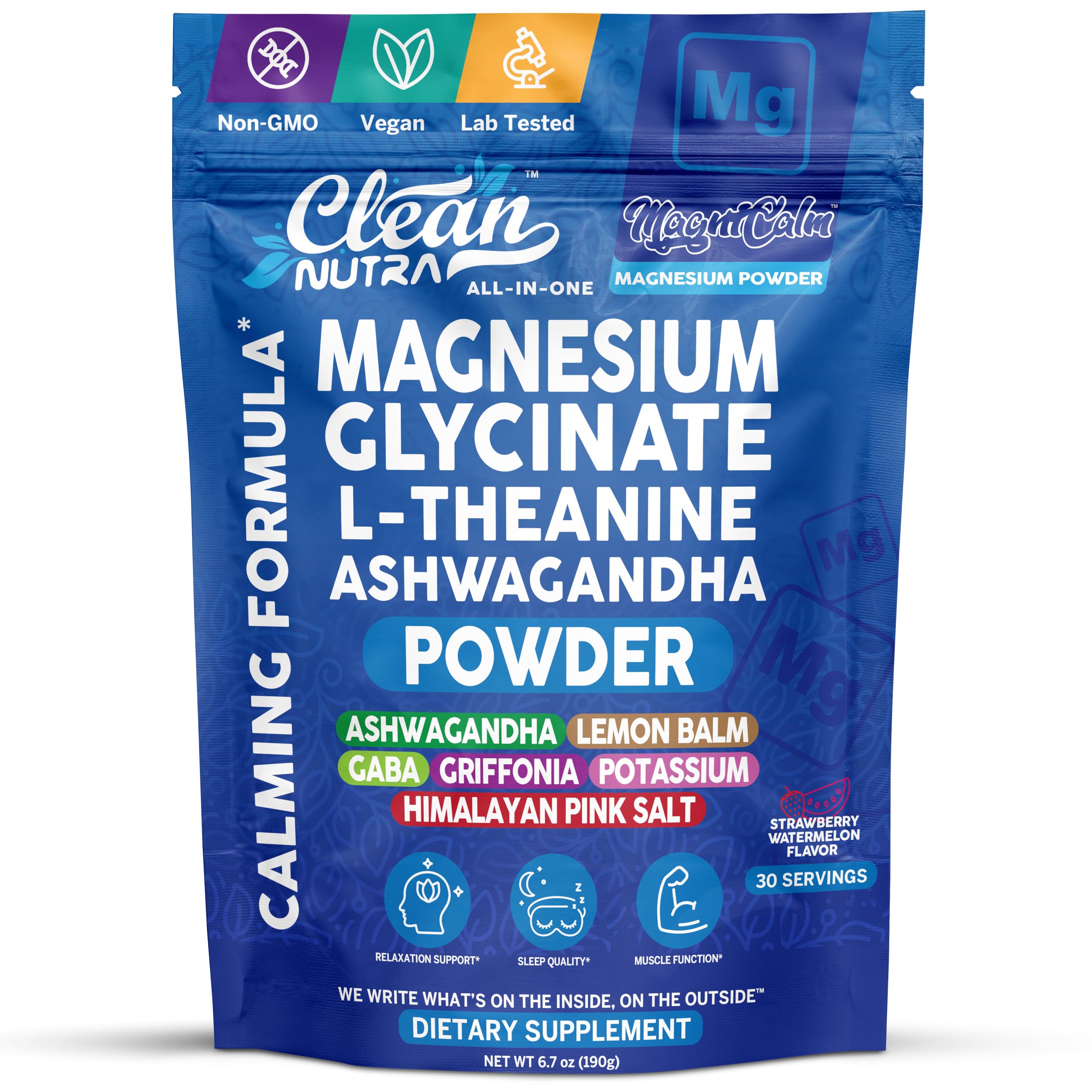 Clean Nutraceuticals magnésium glycinate en poudre dans une bouteille, calme potentiel au quotidien