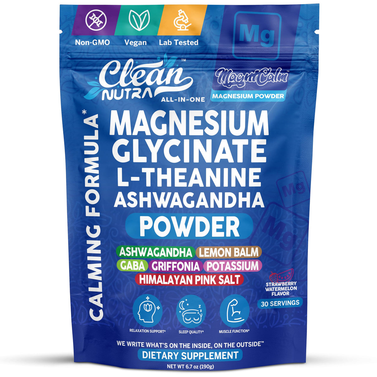 Clean Nutraceuticals magnésium glycinate en poudre dans une bouteille, calme potentiel au quotidien