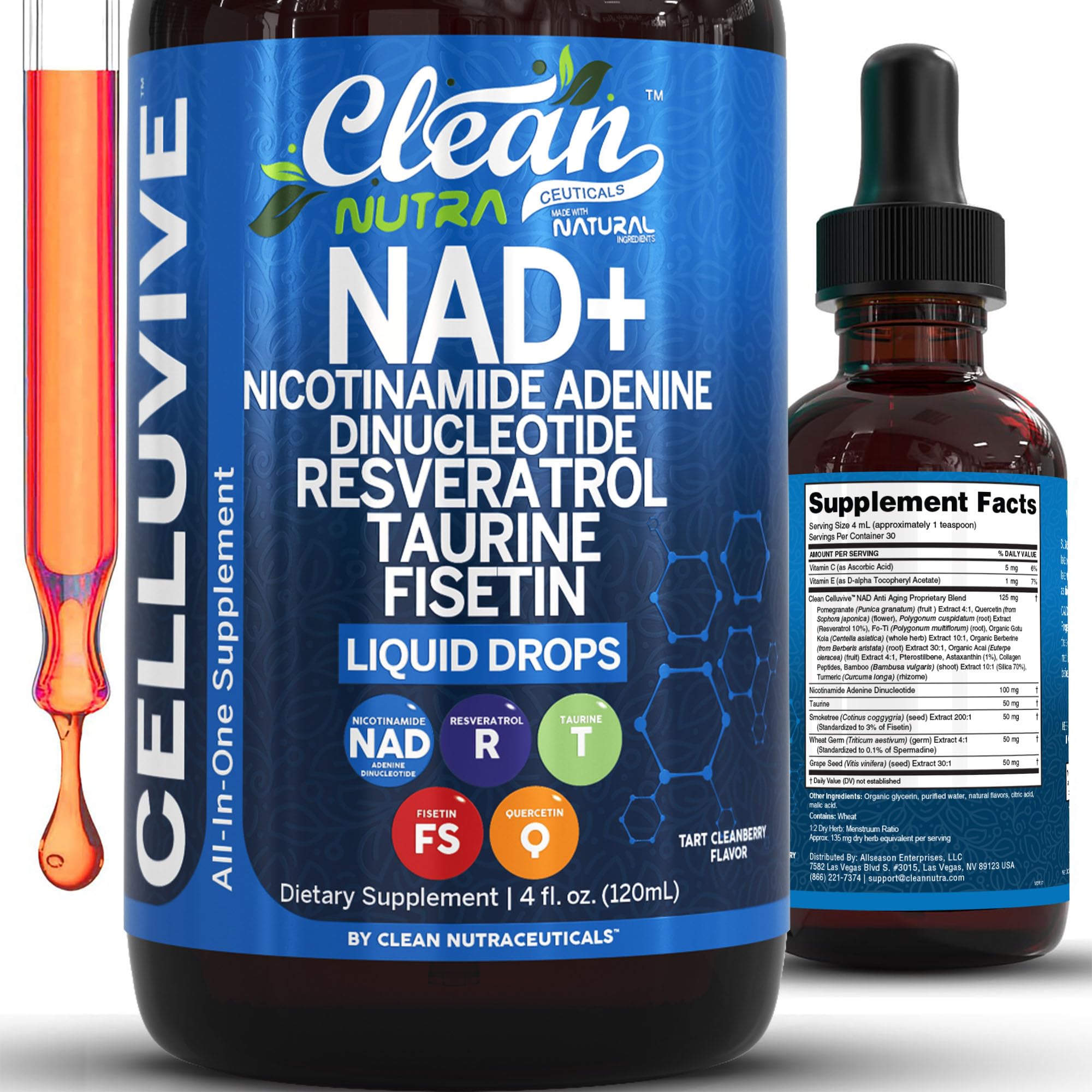 Clean Nutraceuticals NAD gouttes – bouteille élégante avec absorption rapide.
