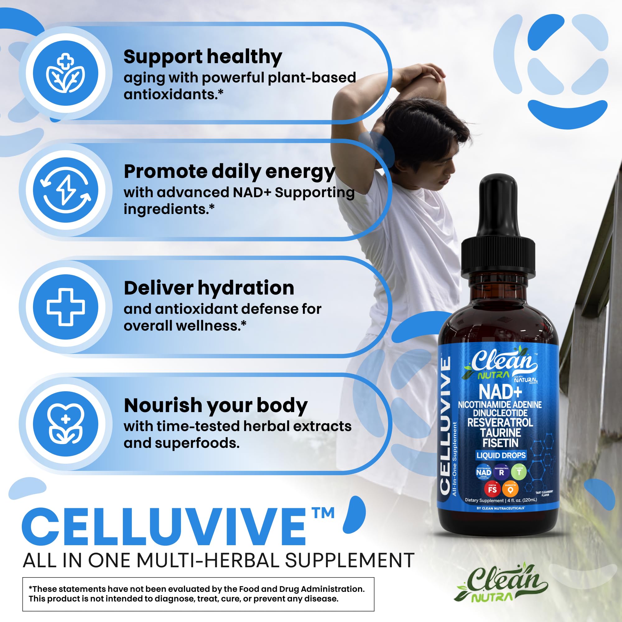 Clean Nutraceuticals NAD gouttes – taurine et fisétine pour énergie et concentration.