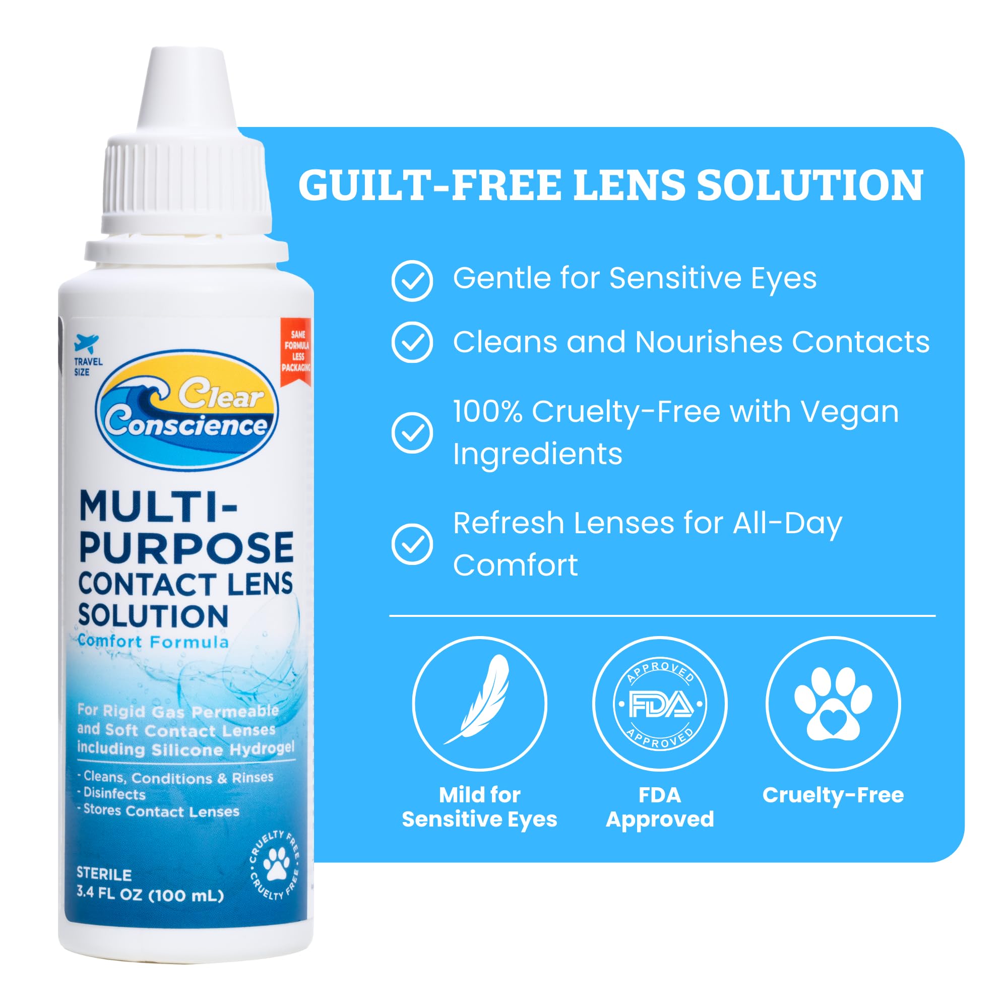 Clear Conscience, nettoyage lentilles multi-usages élimine protéines et débris