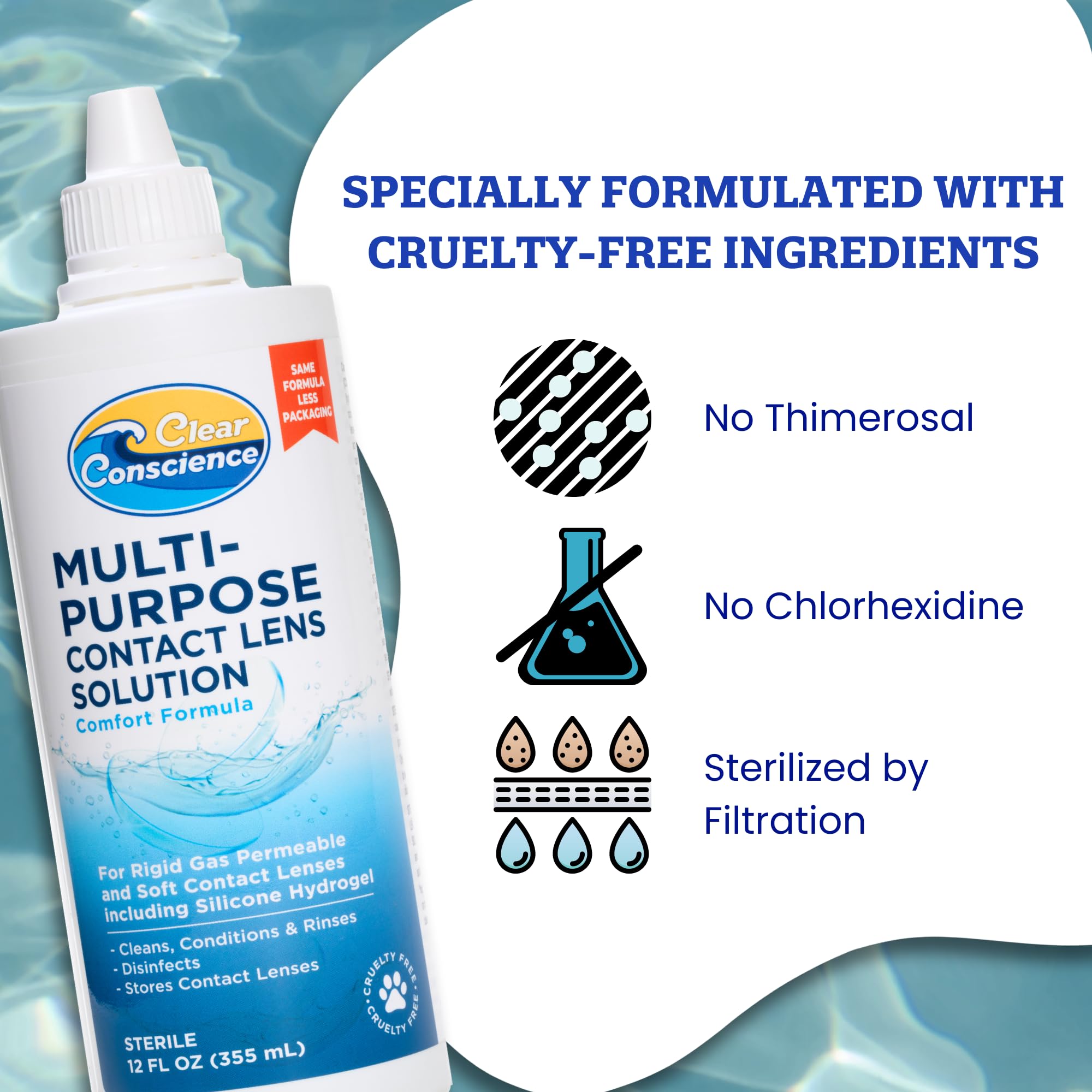 Clear Conscience – solution polyvalente pour lentilles souples et RGP, usage quotidien