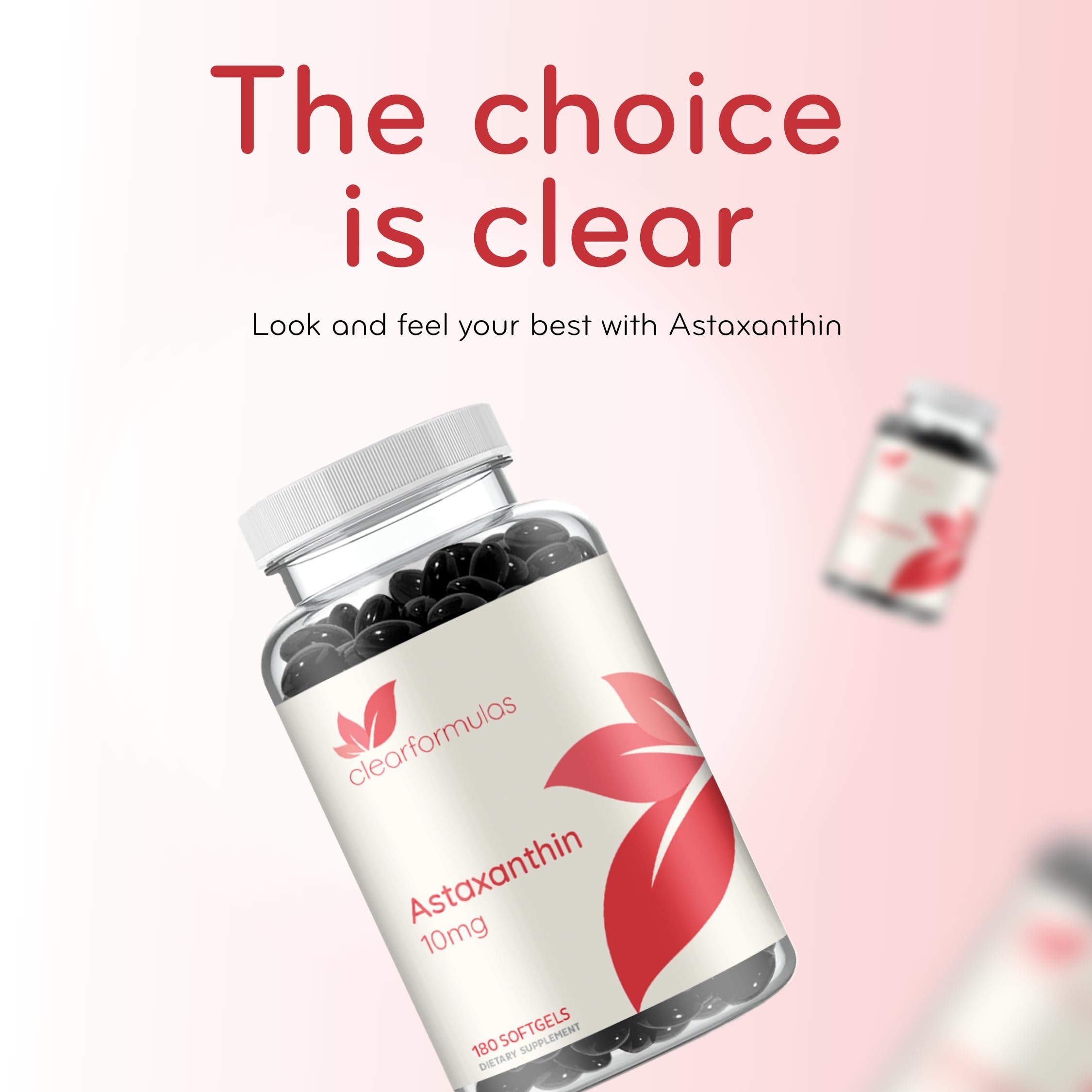 Astaxanthine Clear Formulas avec vitamine E naturelle et huile de soja pour meilleure absorption.