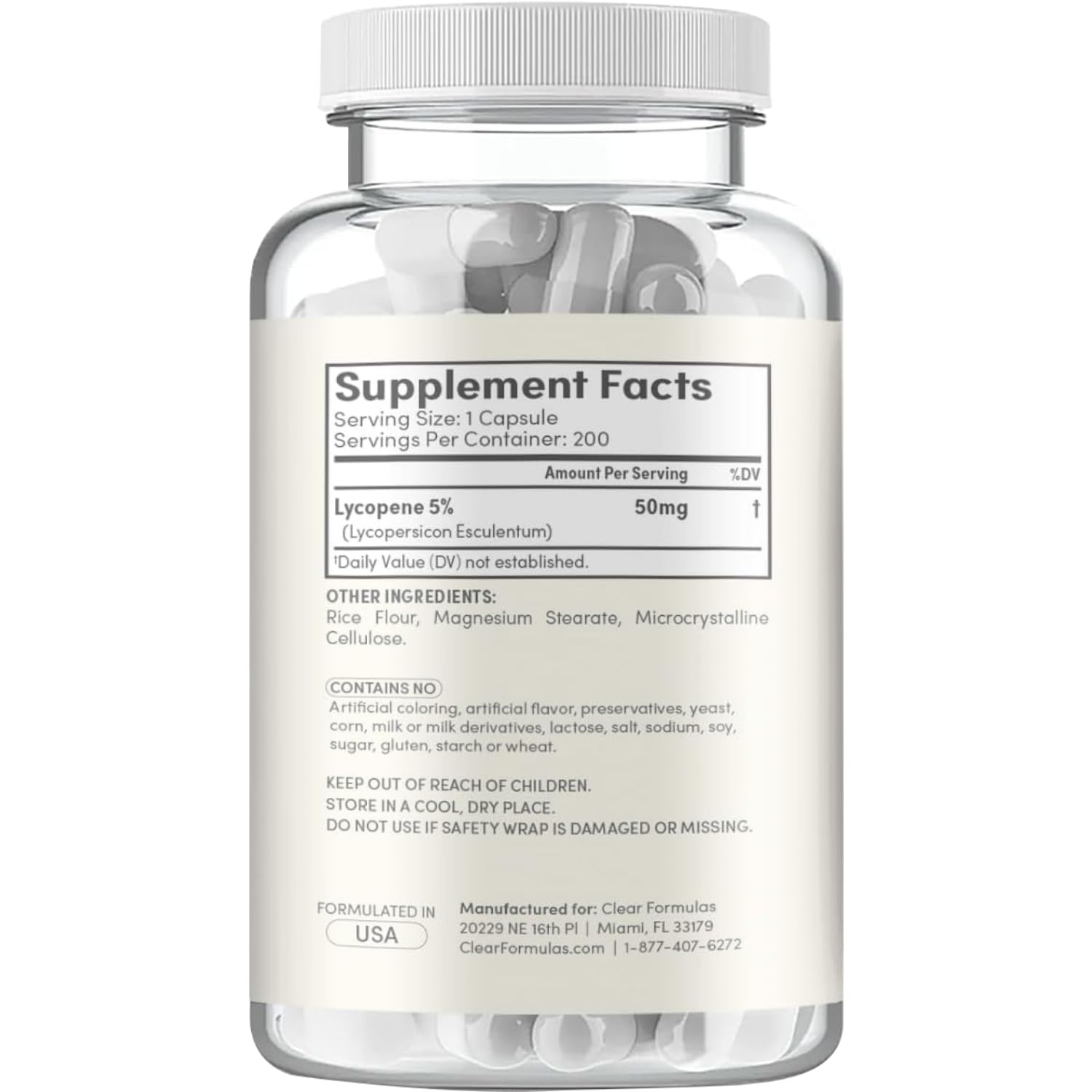 Capsules lycopène Clear Formulas prêtes à l'emploi pour un usage quotidien.