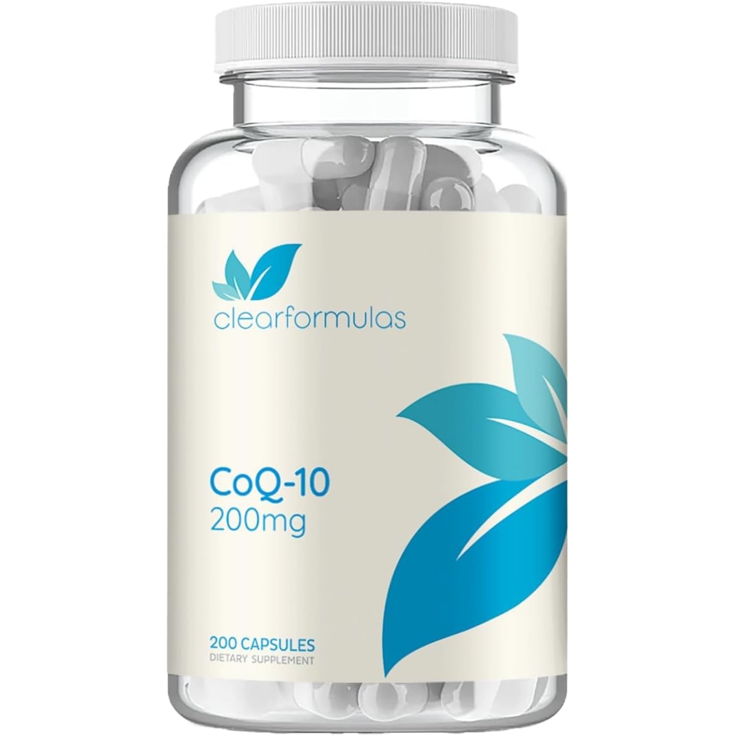 Clear Formulas CoQ10 200 mg en bouteille, facilité d'utilisation et absorption potentielle.