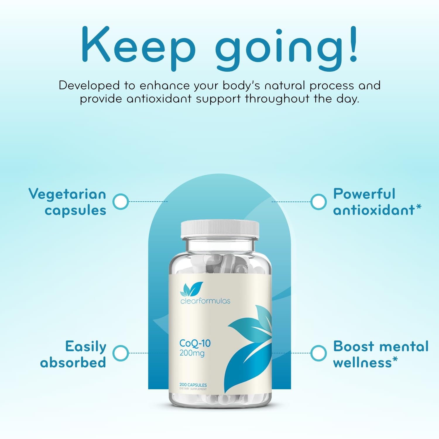 Capsules Clear Formulas CoQ10 200 mg, couleur uniforme et facile à avaler.