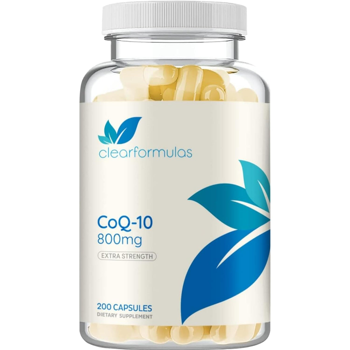 Clear Formulas CoQ10 800 mg, bouteille et emballage, peut soutenir l'énergie quotidienne.