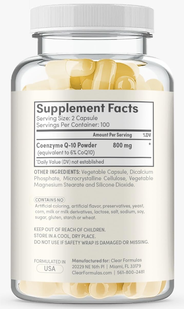 Clear Formulas CoQ10 800 mg, capsules faciles à avaler, absorption possible.