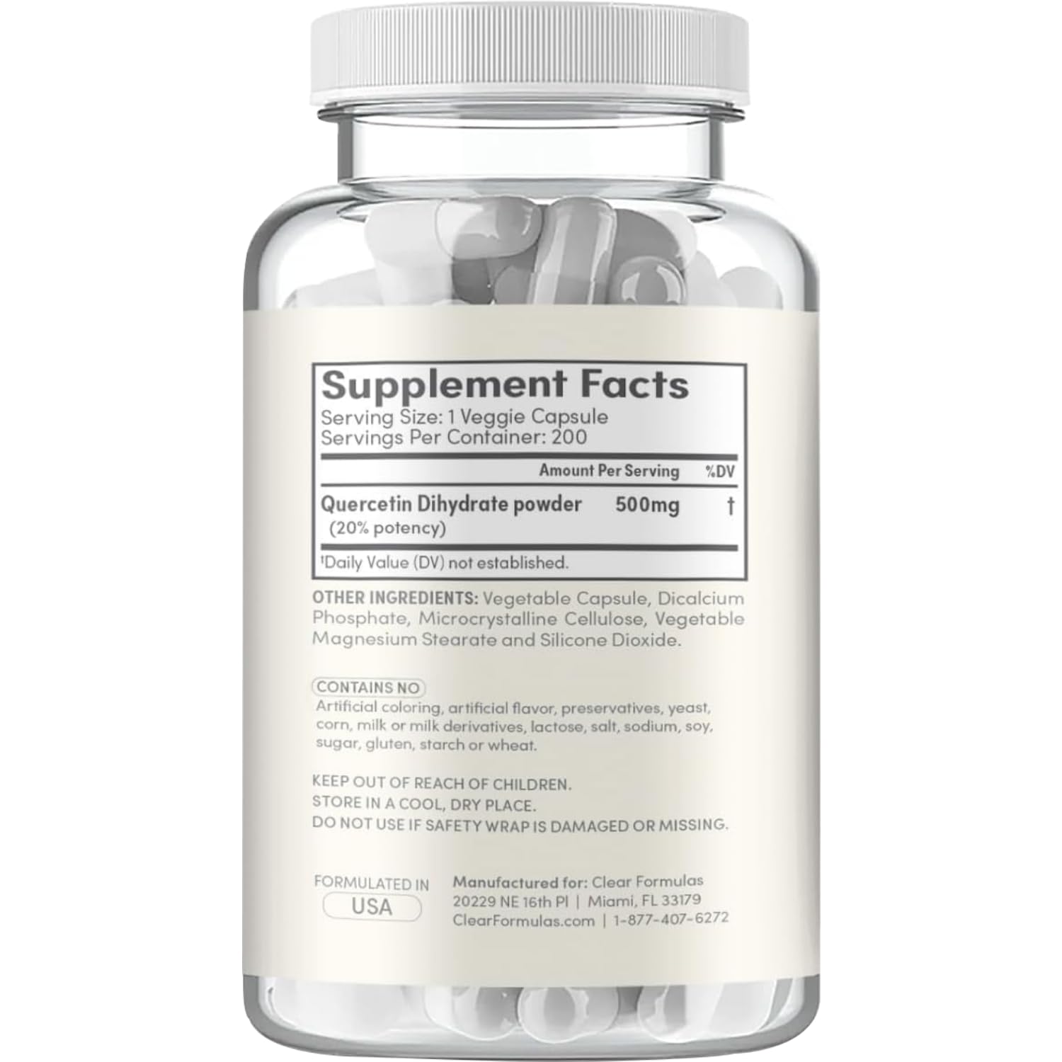 Étiquette claire de Clear Formulas Quercetine 500mg pour la transparence du produit