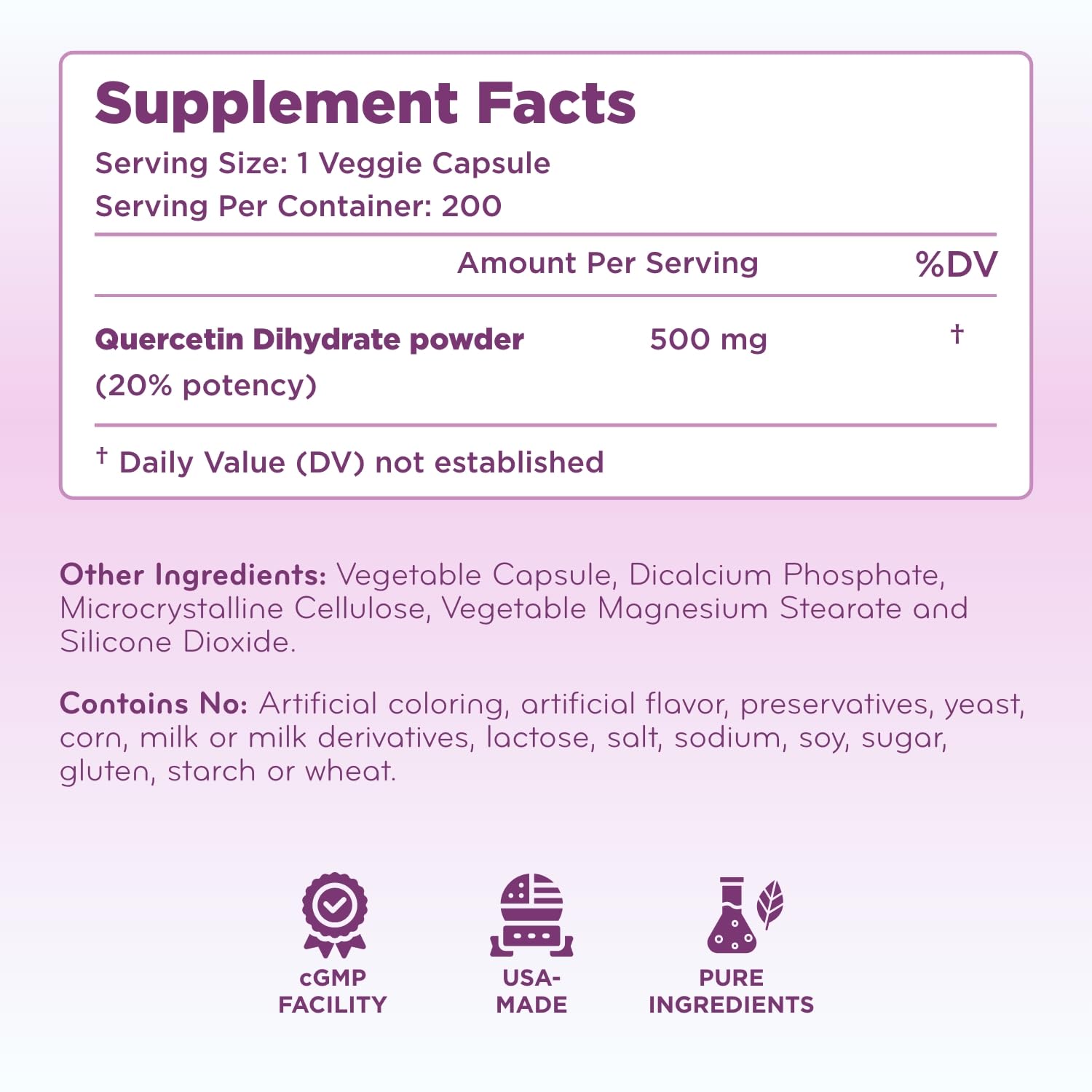 Laboratoire américain Clear Formulas: Quercetine 500mg fabriquée selon cGMP