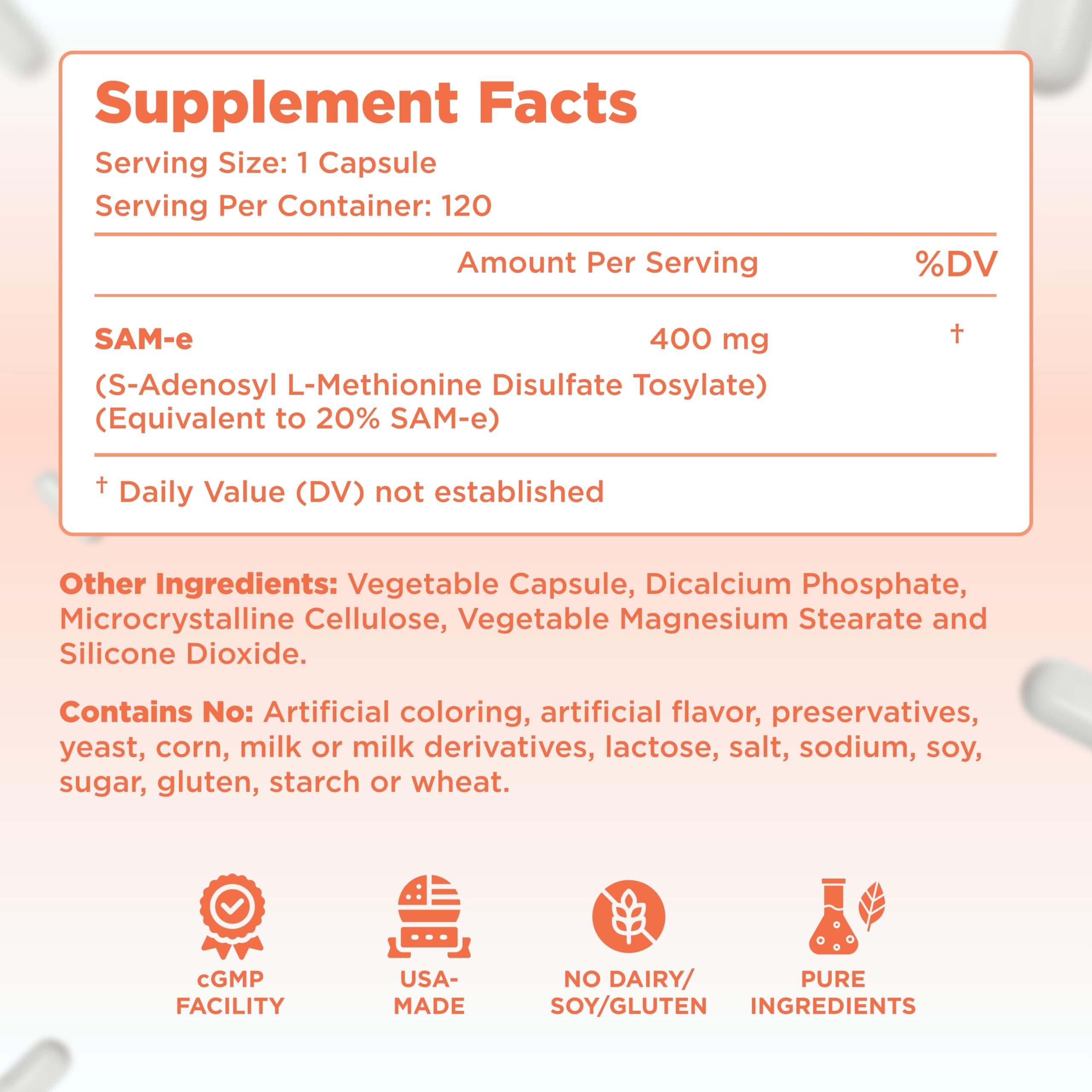 Clear Formulas SAM-e 400mg — capsules visibles, usage quotidien possible.