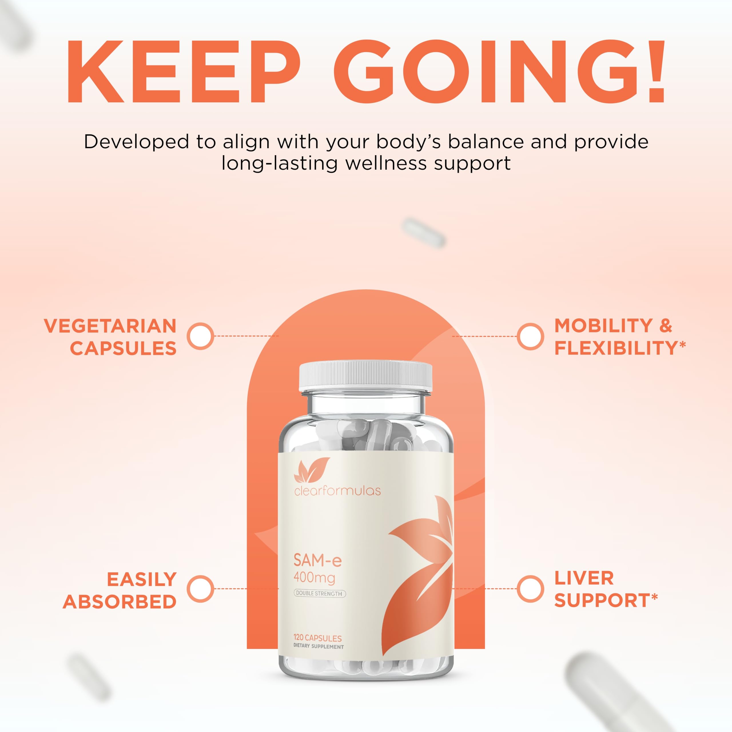 Clear Formulas SAM-e 400mg — emballage américain conforme aux normes.