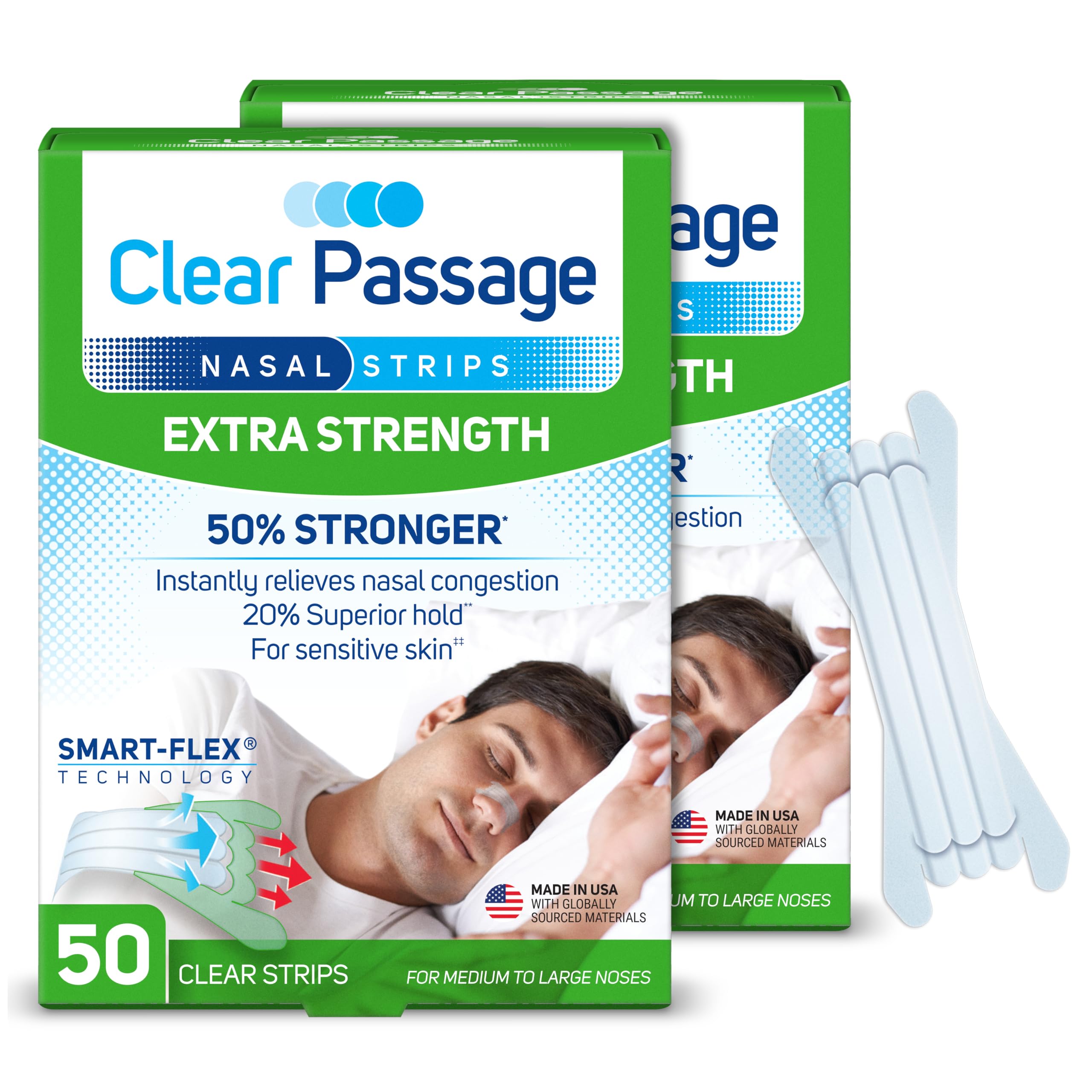 Bandes nasales Clear Passage Extra Fort pour une ouverture nasale instantanée.