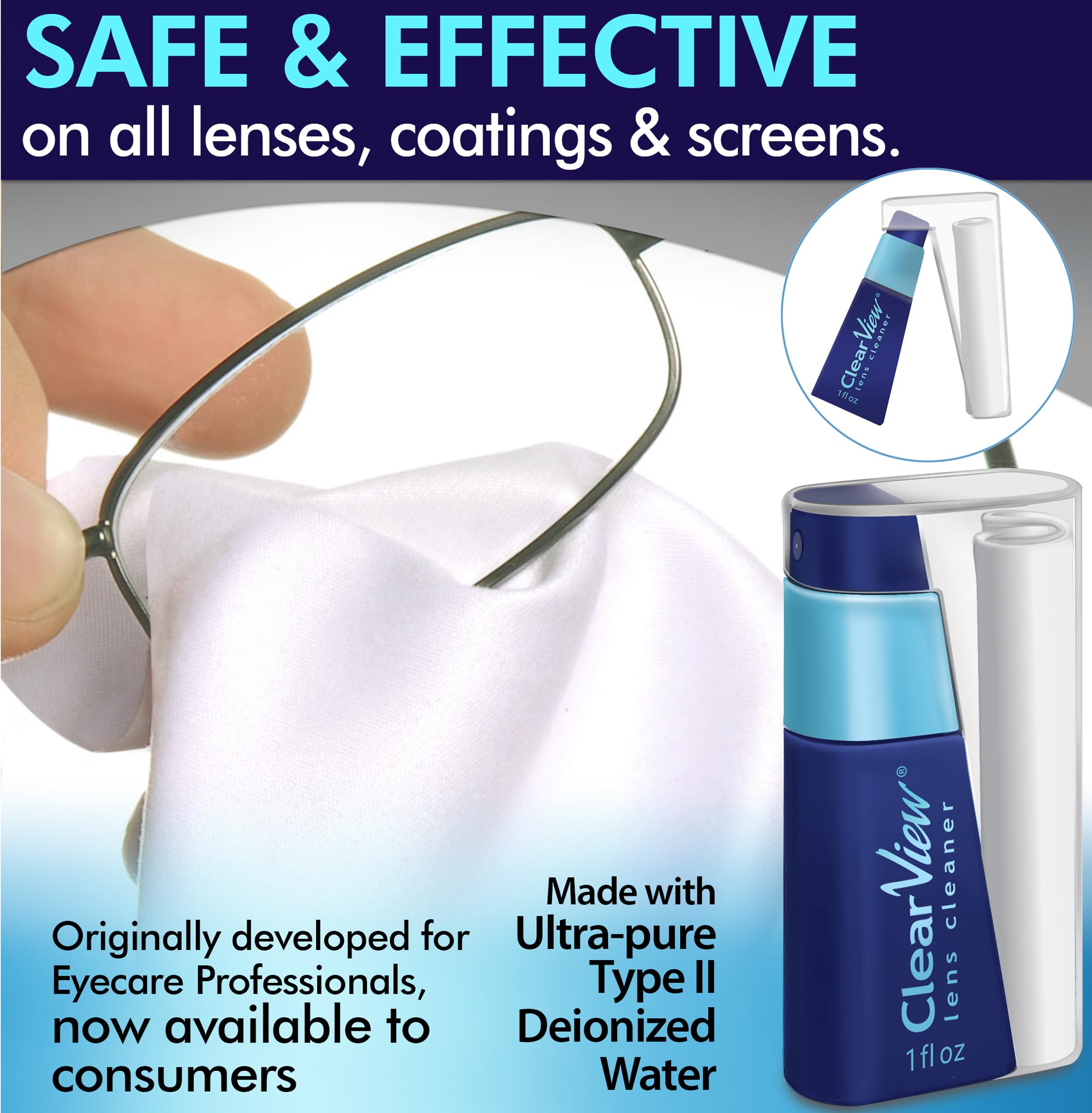 Clear View – kit compact pour nettoyage de lentilles en déplacement.