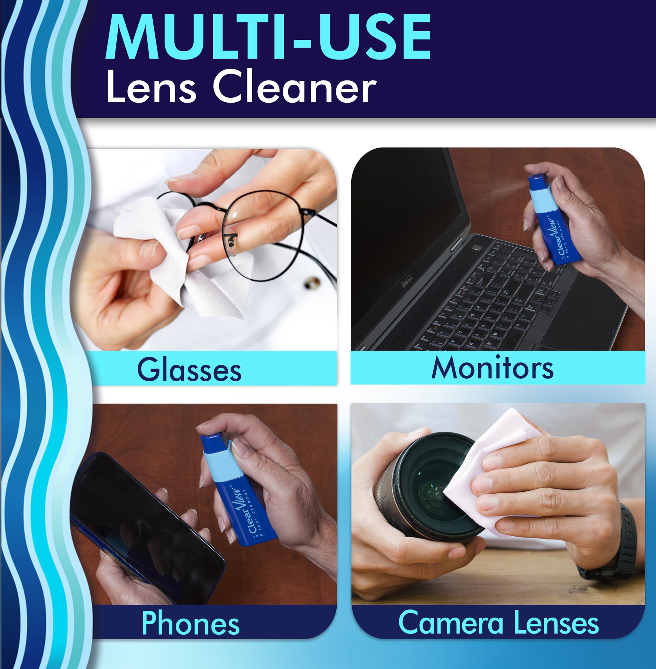Clear View – solution nettoyante douce pour lentilles et écrans sensibles.