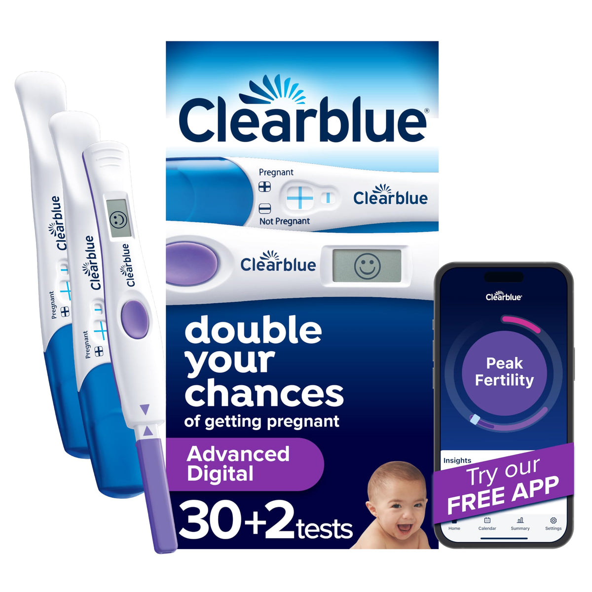 Clearblue Advanced Digital Ovulation Kit, emballage prêt à l’emploi et pratique.