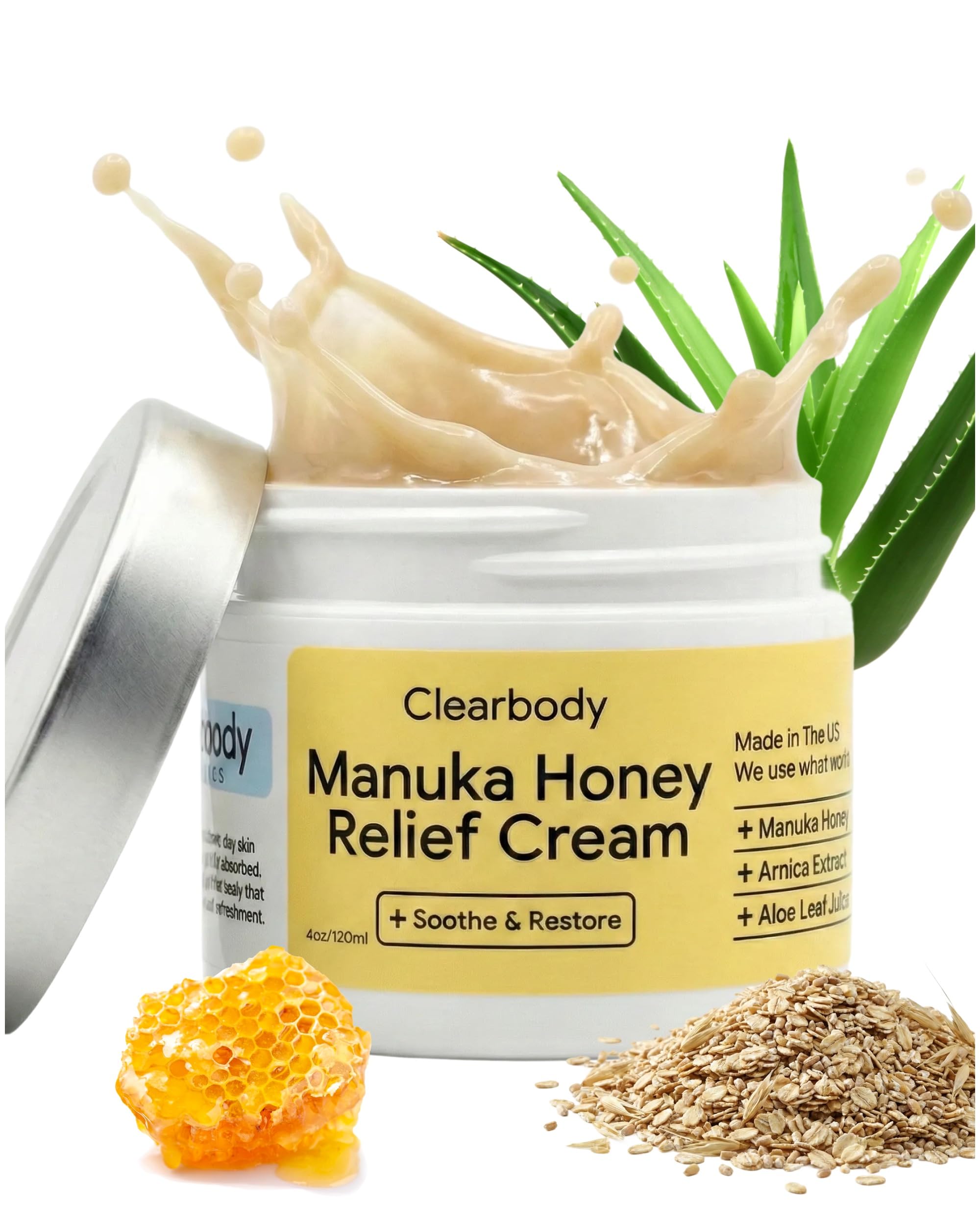 Clearbody Organics Crème Manuka Miel Avoinе – bouteille, hydratation douce.
