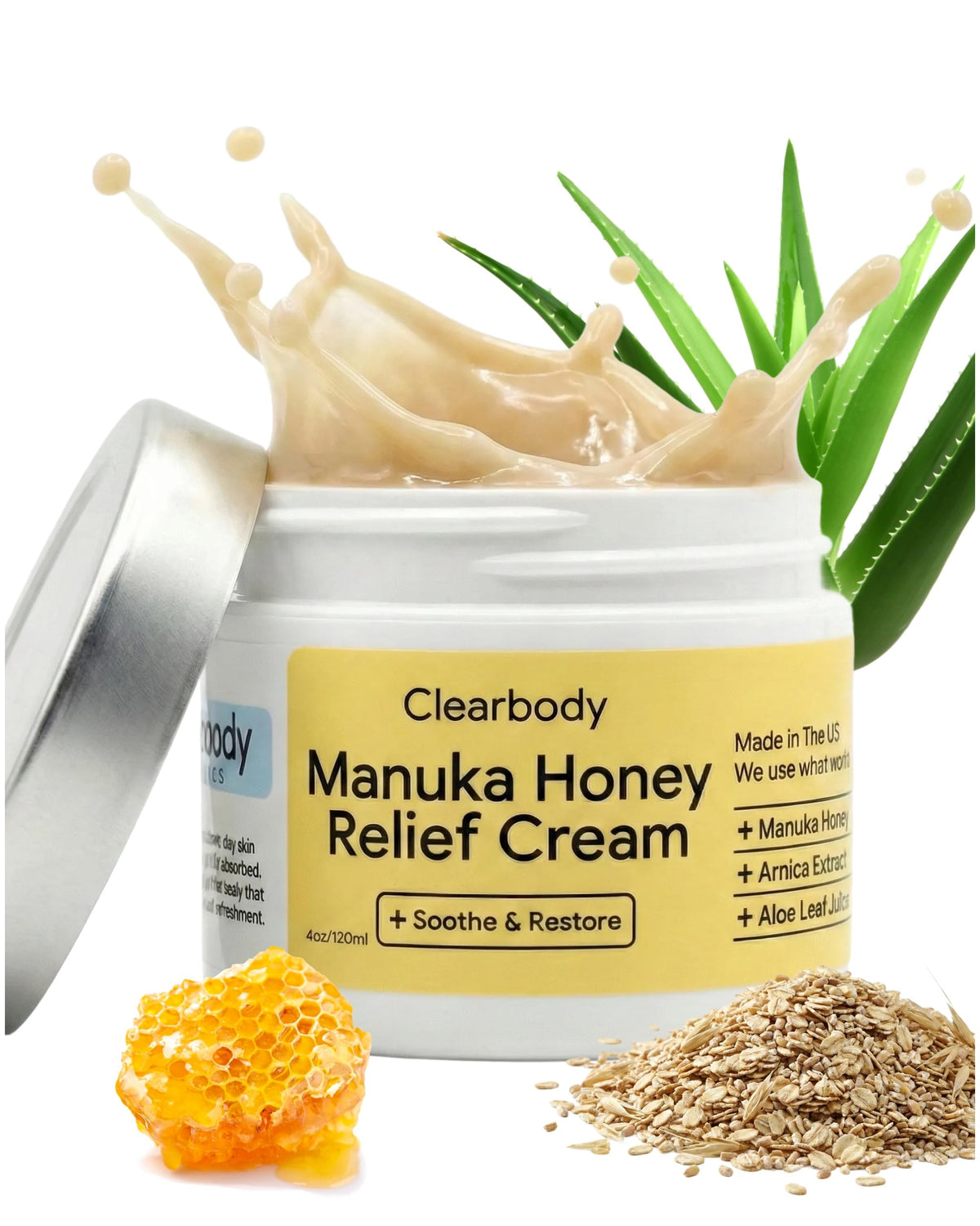 Clearbody Organics Crème Manuka Miel Avoinе – bouteille, hydratation douce.