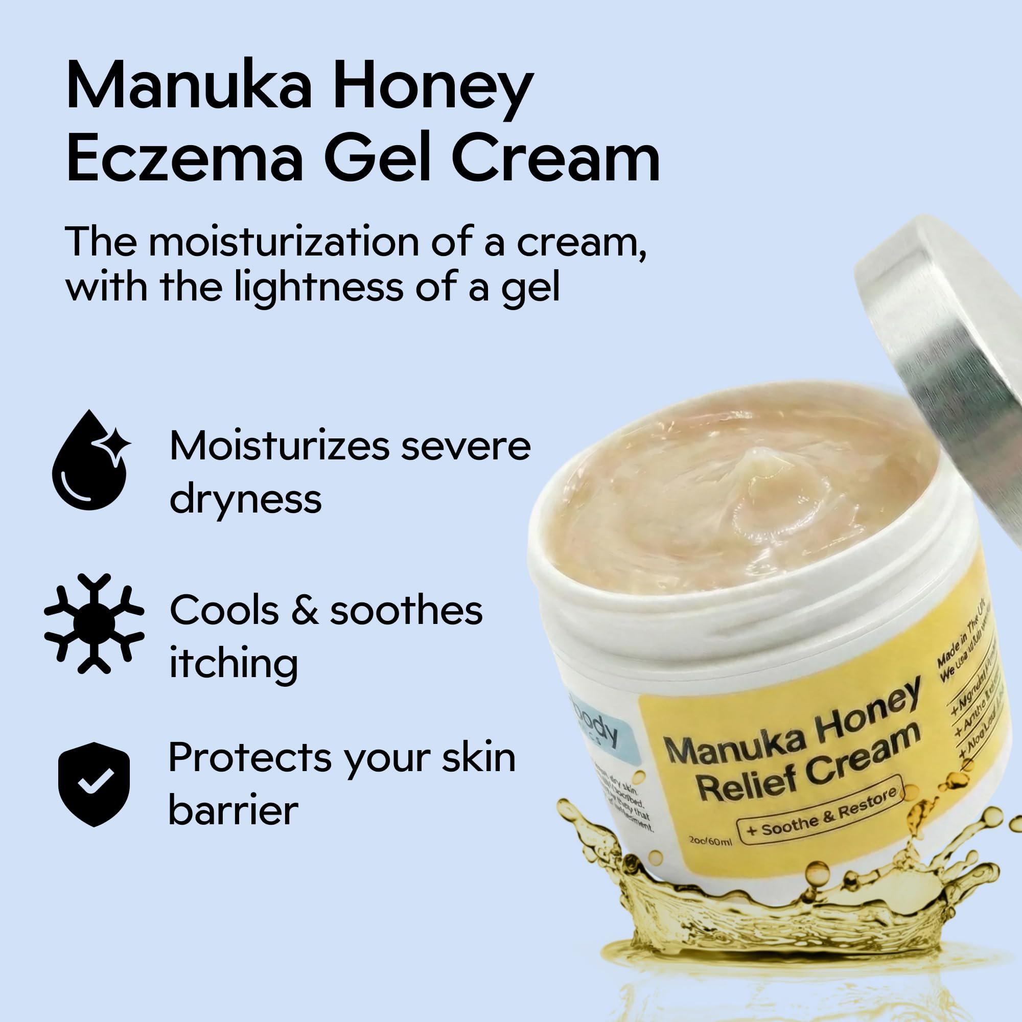 Gros plan texture crème Manuka Miel Avoine pour absorption rapide.