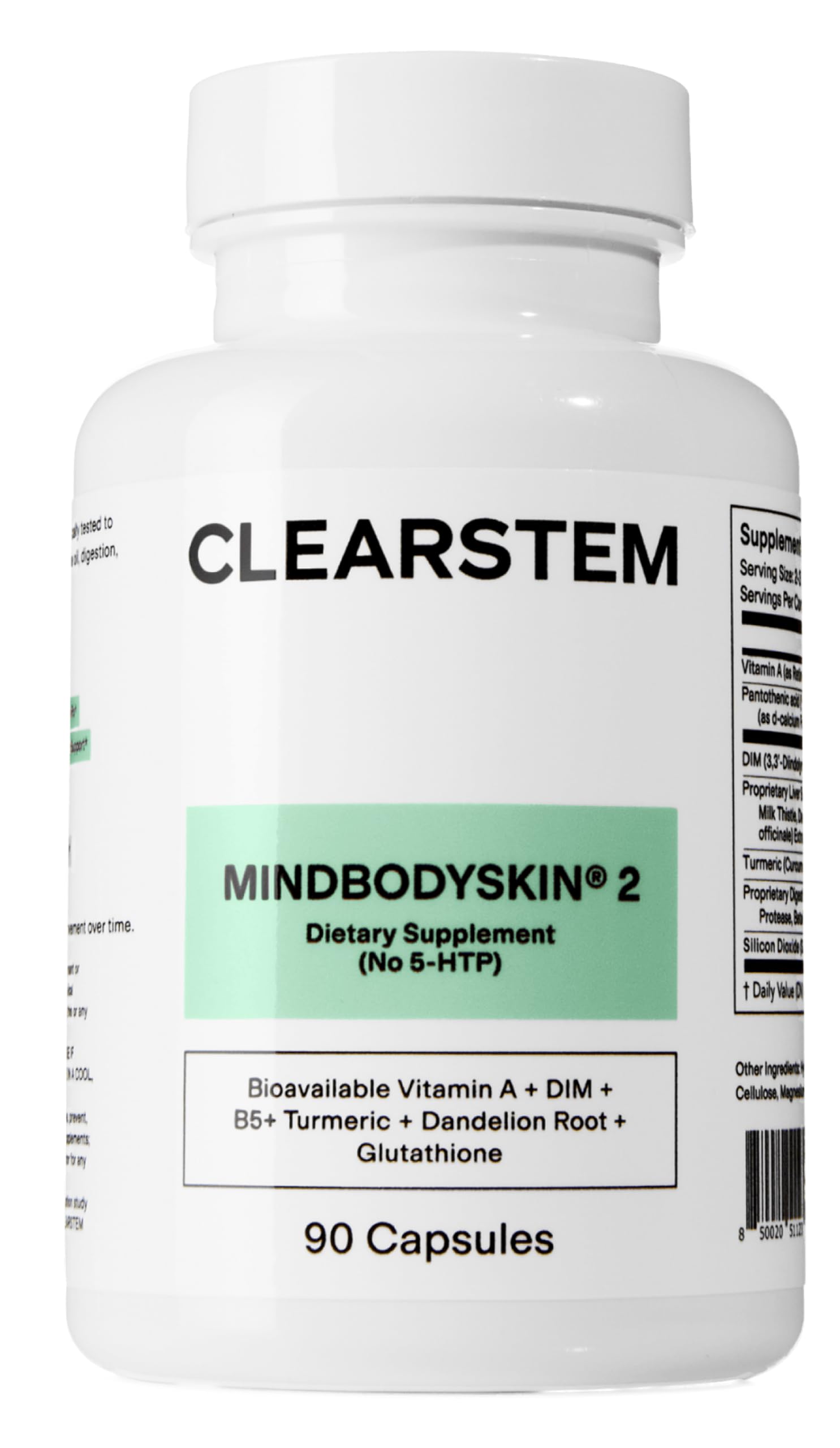 CLEARSTEM MINDBODYSKIN – Bouteille de capsules, apport naturel pour une peau plus claire et équilibrée.